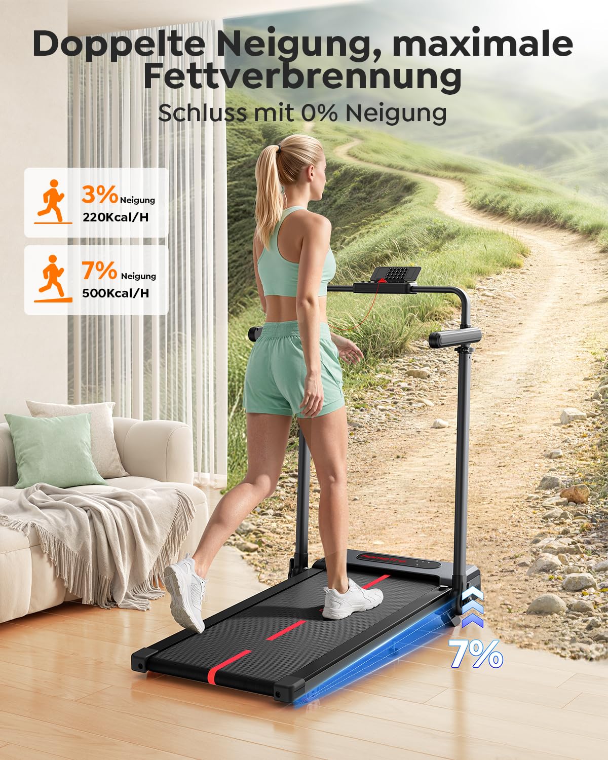 Laufband für Zuhause klappbar 7 % Steigung 12 km/h 3,0 PS Motor 120 kg Tragkraft 100 x 40 cm Lauffläche mit Schreibtischablage