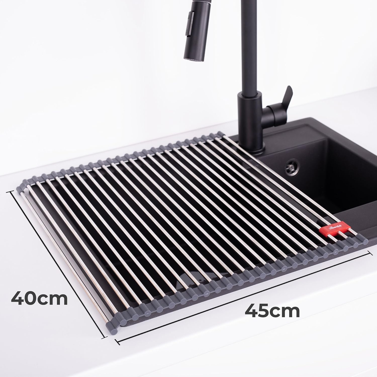Vileda Scolapiatti per Lavelli 45x40cm in Acciaio Inox e TPE - 24 Barre, arrotolabile - Scolapiatti e Coprilavello - Scolapiatti Pieghevole - Griglia per Lavandino Cucina - Accessori per Lavello