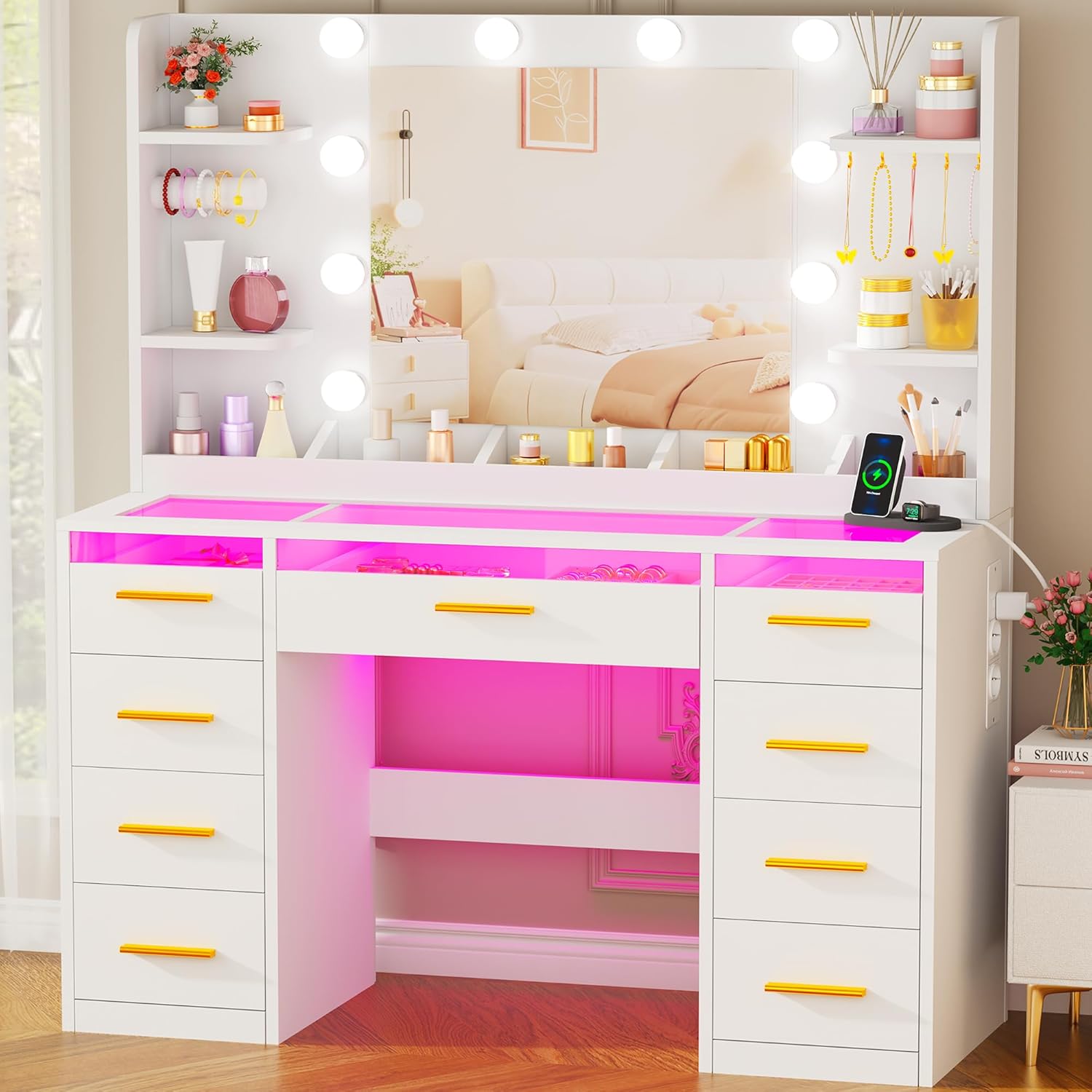 ANWBROAD BDT95W Large Makeup Vanity with Mirror and Adjustable Brightness Lights, Makeup Table with Glass Top, Makeup Desk with Sockets 9 RGB Drawers and 9 Open Shelves Modern White