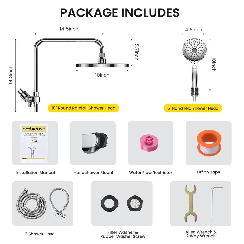 AmbiCasa Luxury Dual Shower Head Combo, 10′′ Rainfall & 5′′ Handheld High-Pressure, Chrome Finish, 12 Spray Settings