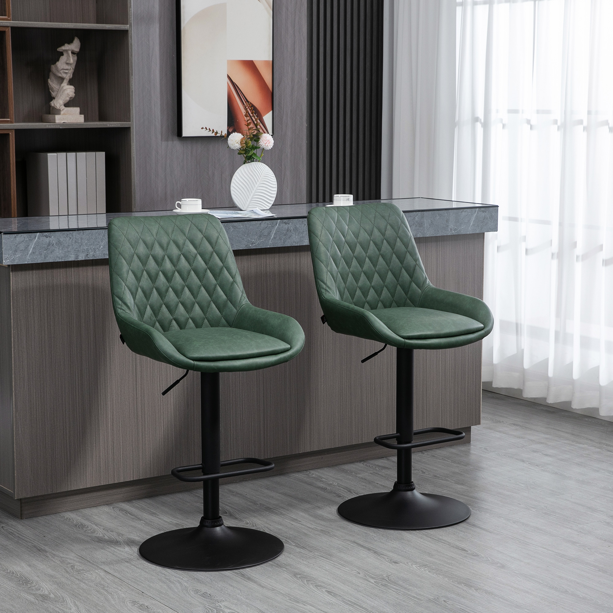 HOMCOM Set mit 2 Barhockern aus Kunstleder, höhenverstellbar, 360° drehbar, mit Rückenlehne und Fußstütze, dunkelgrün