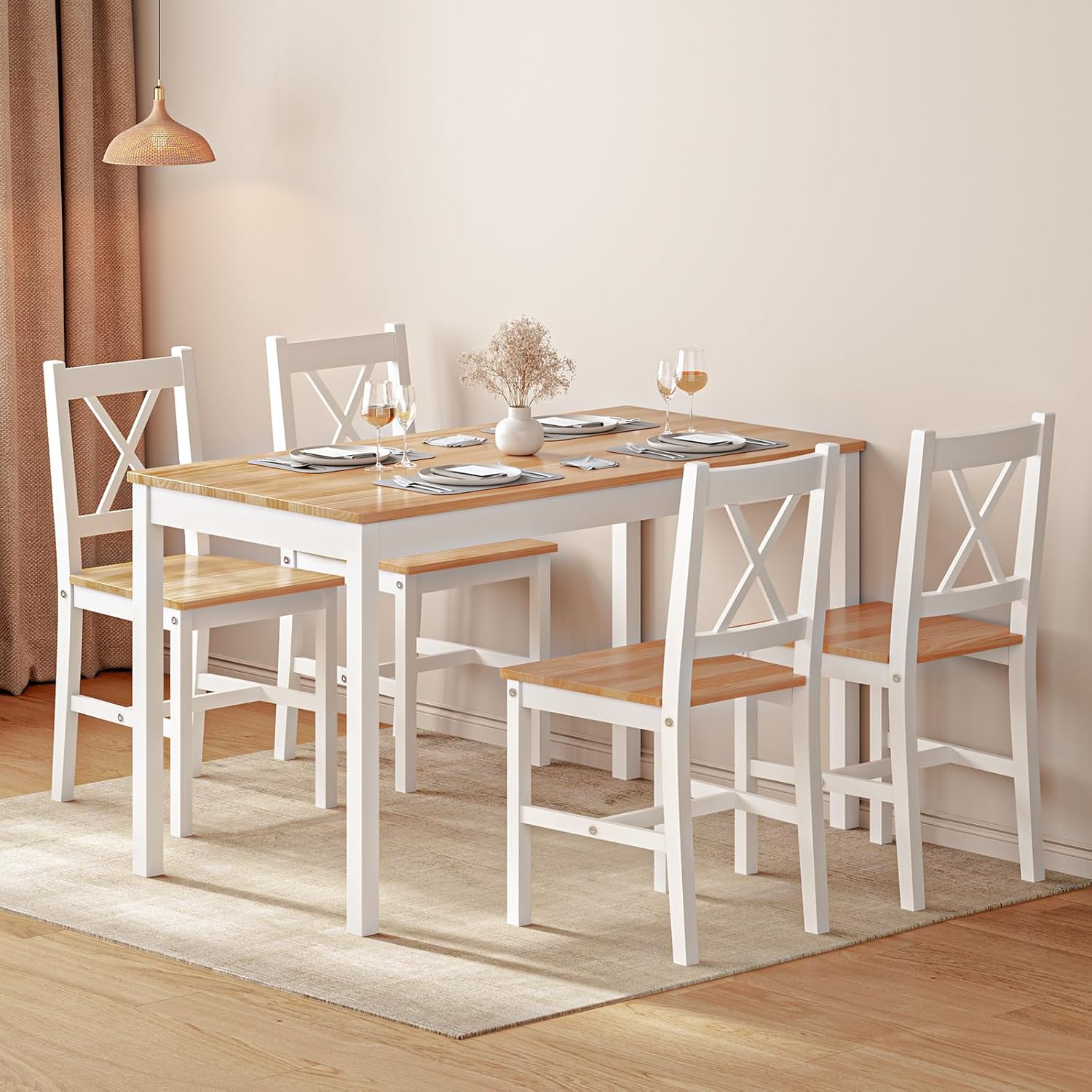 DlandHome Set di 5 pezzi tavolo da pranzo con 4 sedie, set di mobili da cucina in legno di pino teak/bianco