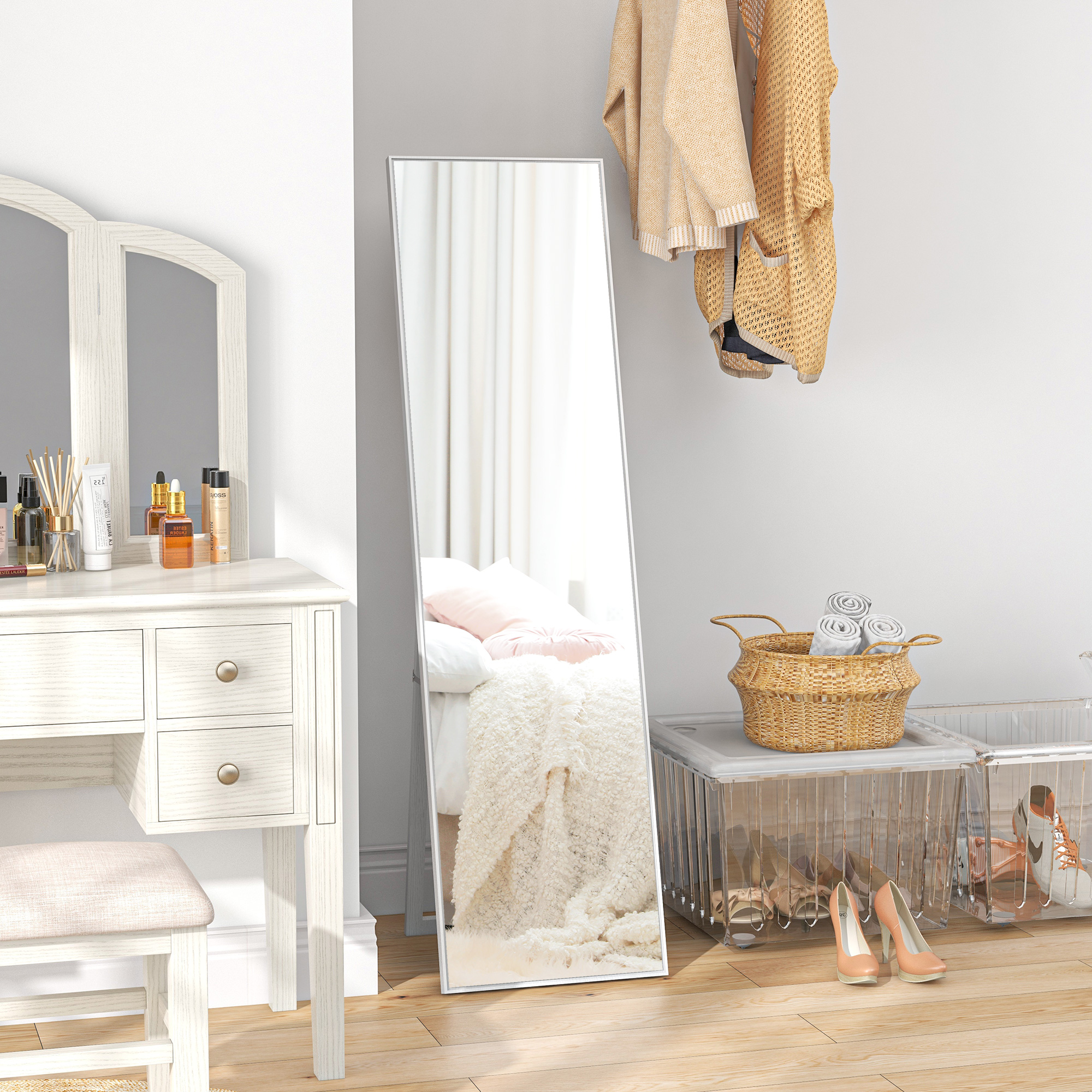 HOMCOM Rechteckiger Stehspiegel Bodenspiegel für Garderobe Wohnzimmer Badezimmer Flur 40 x 47 x 147 cm weiß