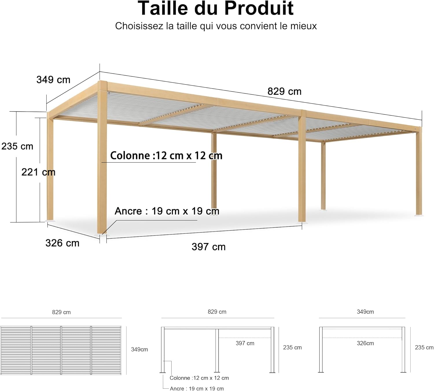 PURPLE LEAF Bioclimatic Pergola Wood Effect Aluminium 3.5 x 8.5 m, Waterproof Outdoor Garden Gazebo with Adjustable Blades, Pergola for Patio, Garden and Carport, Wooden