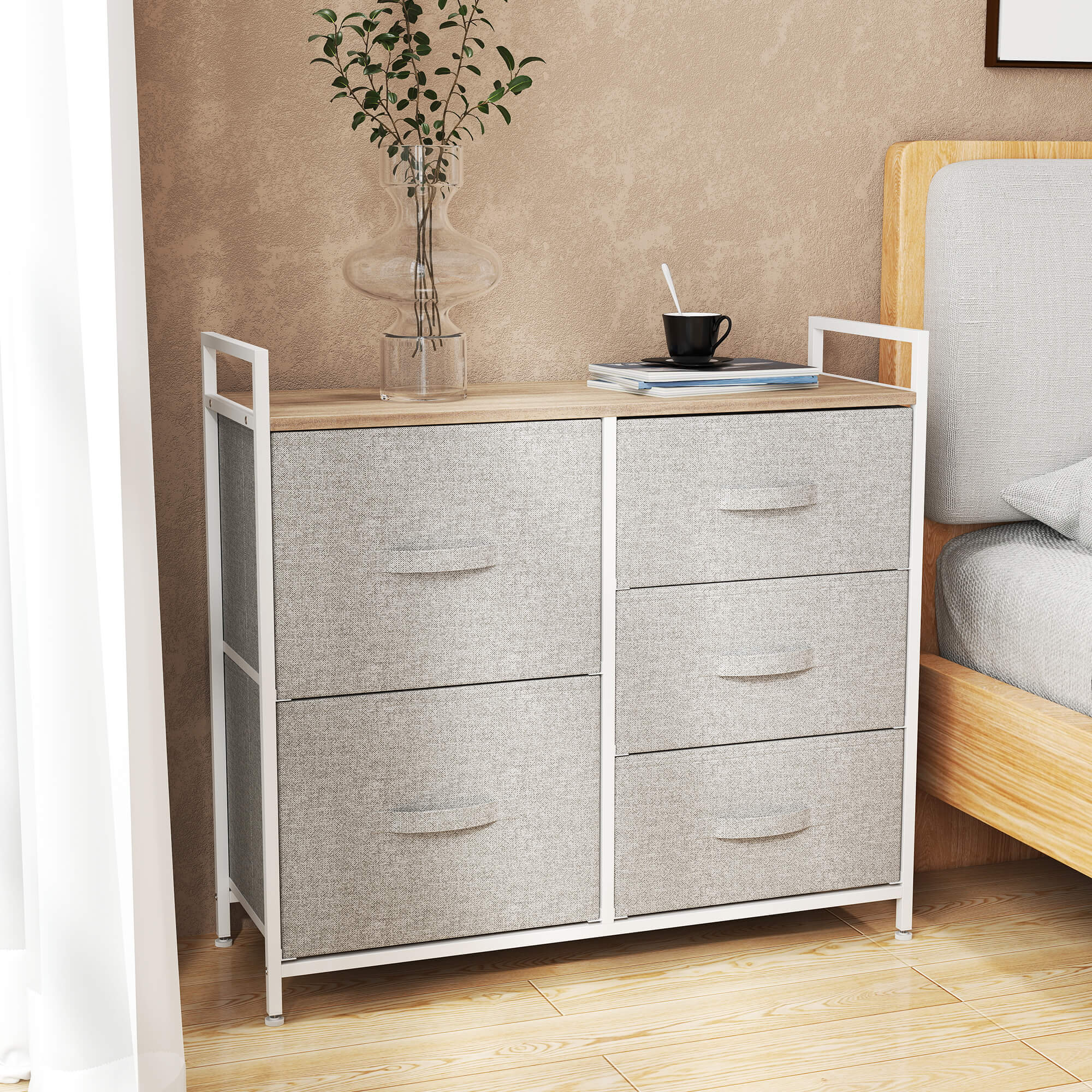 HOMCOM Schubladenschrank, Aufbewahrungsschrank, Stoffkommode mit 5 Stoffschubladen, Stoff+ Holz +Metallrahmen, Grau, 83 x 29 x 77 cm