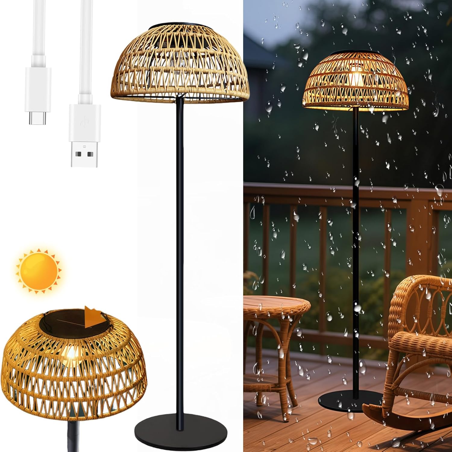 Kabellose So-Stehlampe für den Außenbereich, wasserdicht, Metallsockel für Terrasse, Terrasse, Terrasse, Hof, Garten, wiederaufladbar, umweltfreundliche Beleuchtungslösung