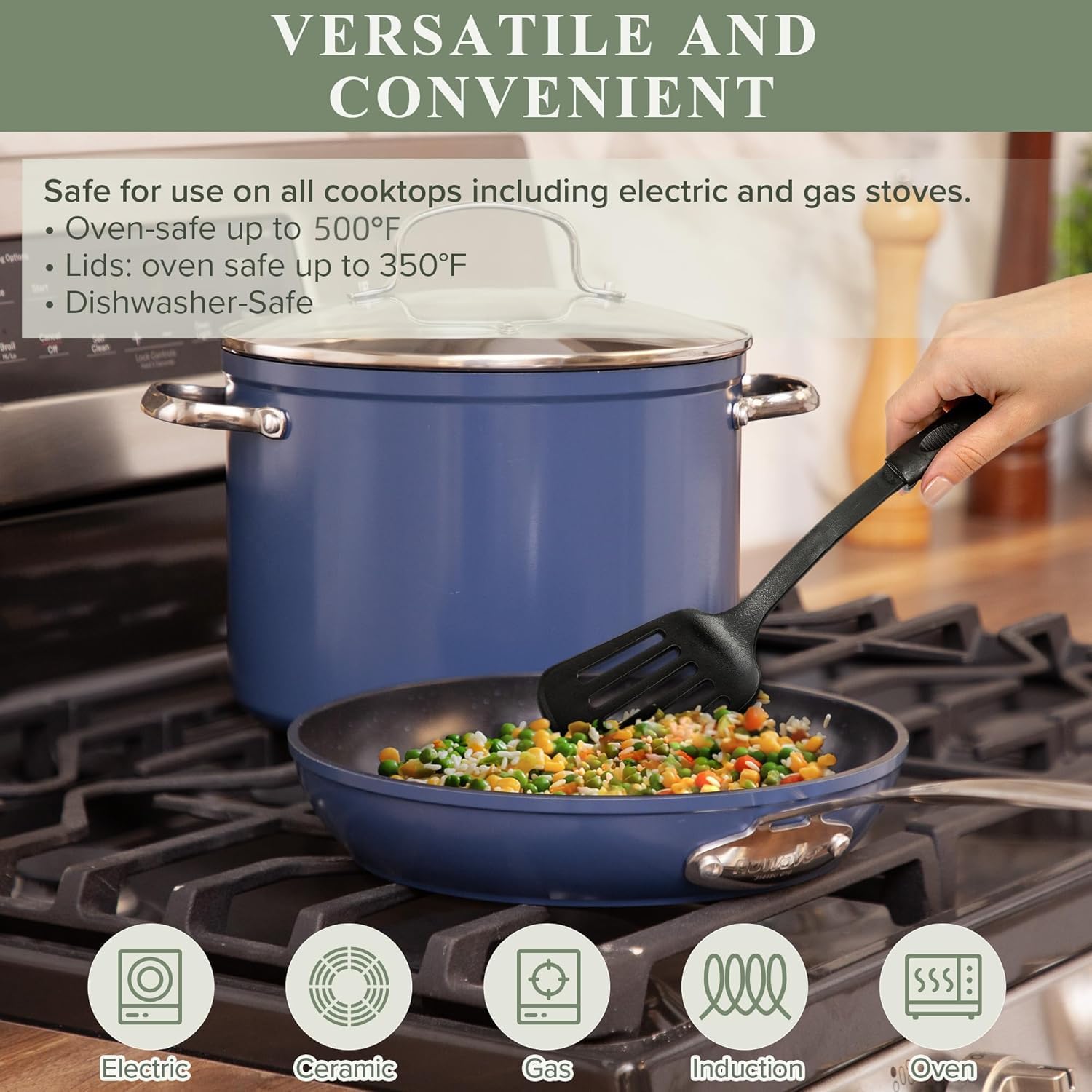 Nuwave Healthy Duralon Blue Ceramic Nonstick 12pc Cookware Set,Diamond Infused Scratch-Resistant,PFAS Free,Dishwasher & Oven Safe,Induction Ready & Evenly Heats, Tempered Glass Lids, Stay-Cool Handles