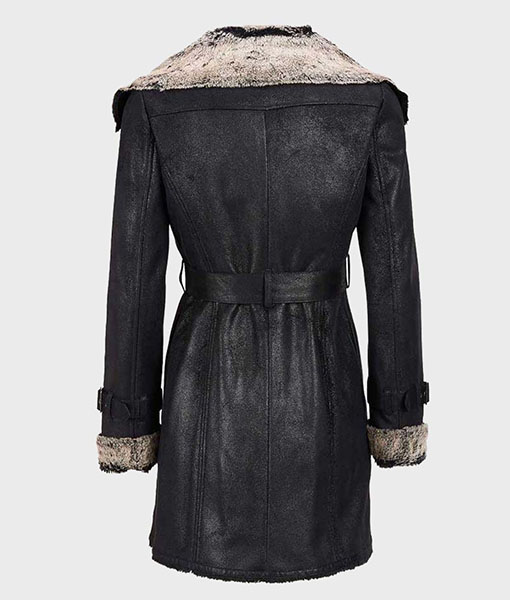 Womens Mid-Length Black Shearling Leather Coat