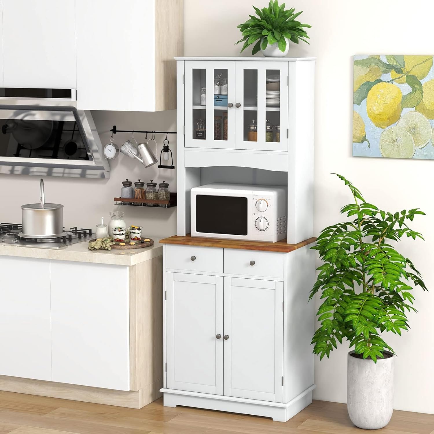 GYMAX Credenza da Cucina Alta, 68 x 40 x 170, Mobile Dispensa in Legno di Gomma, con 2 Ante in Vetro Temperato, Ripiani Regolabili, 2 Cassetti, Mobile per Sala da Pranzo, Bianco