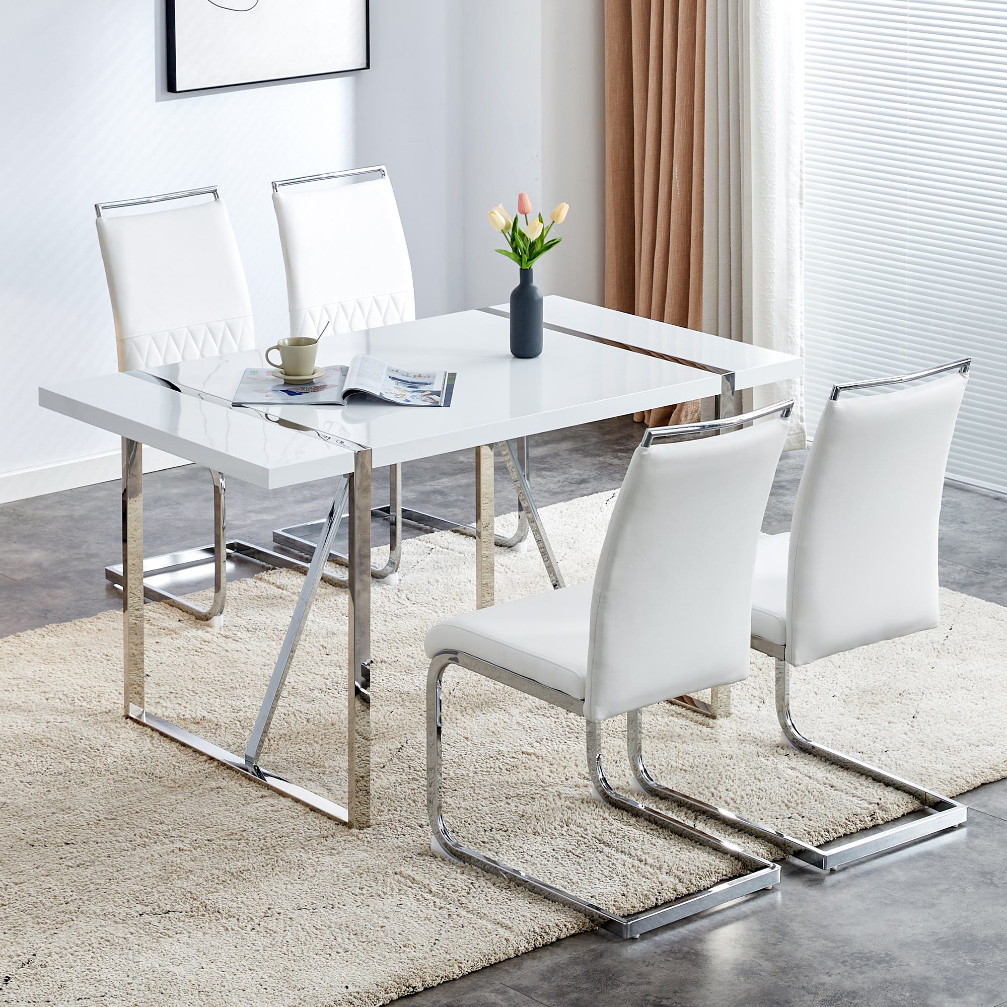 Set aus 4 modernen und ergonomischen Esszimmerstühlen mit hoher Rückenlehne aus Kunstleder und Stoff in Leinenoptik, Weiß