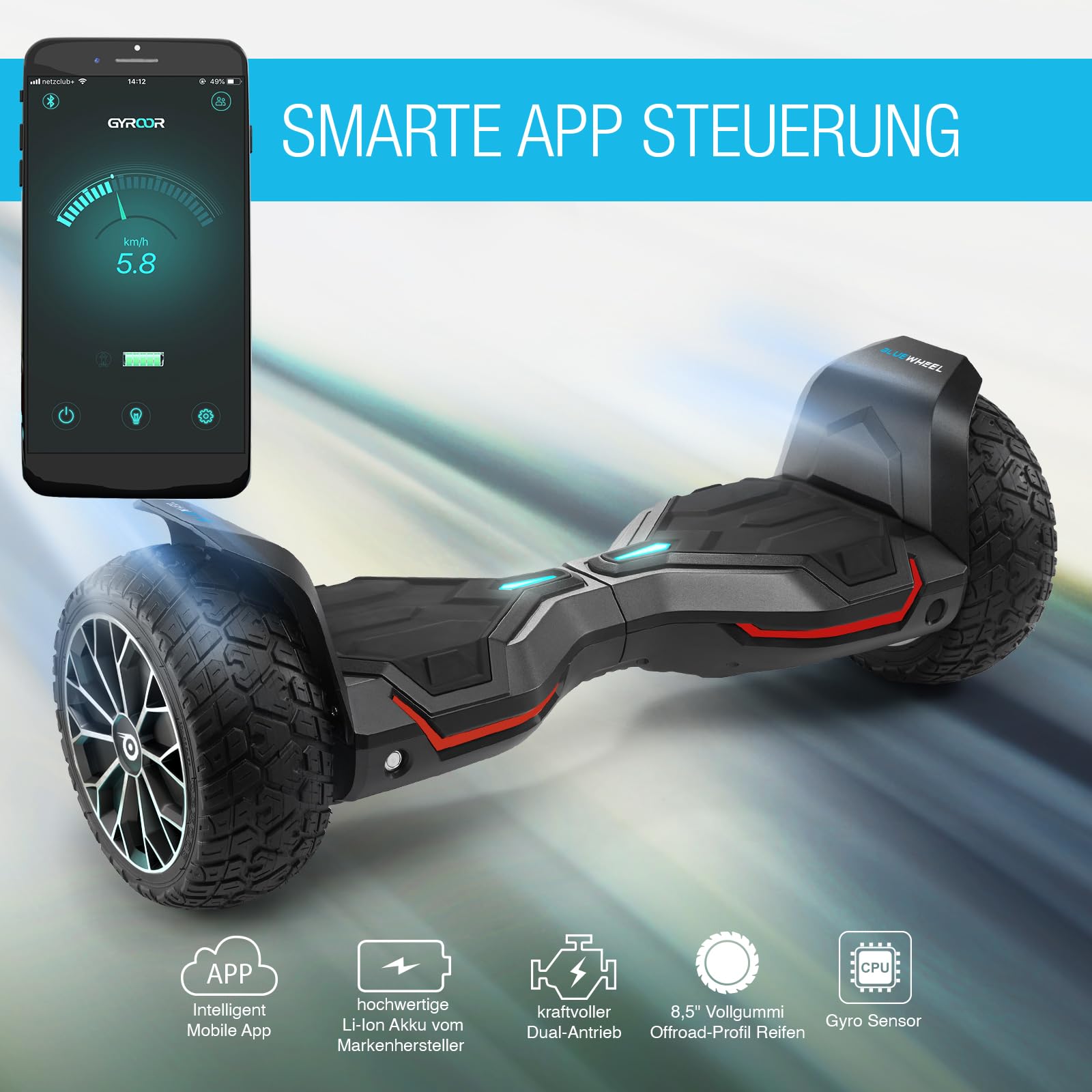 Bluewheel HX510 Hoverboard Offroad 8,5 Zoll Dual Motor mit App Kindermodus selbstbalancierend für Kinder