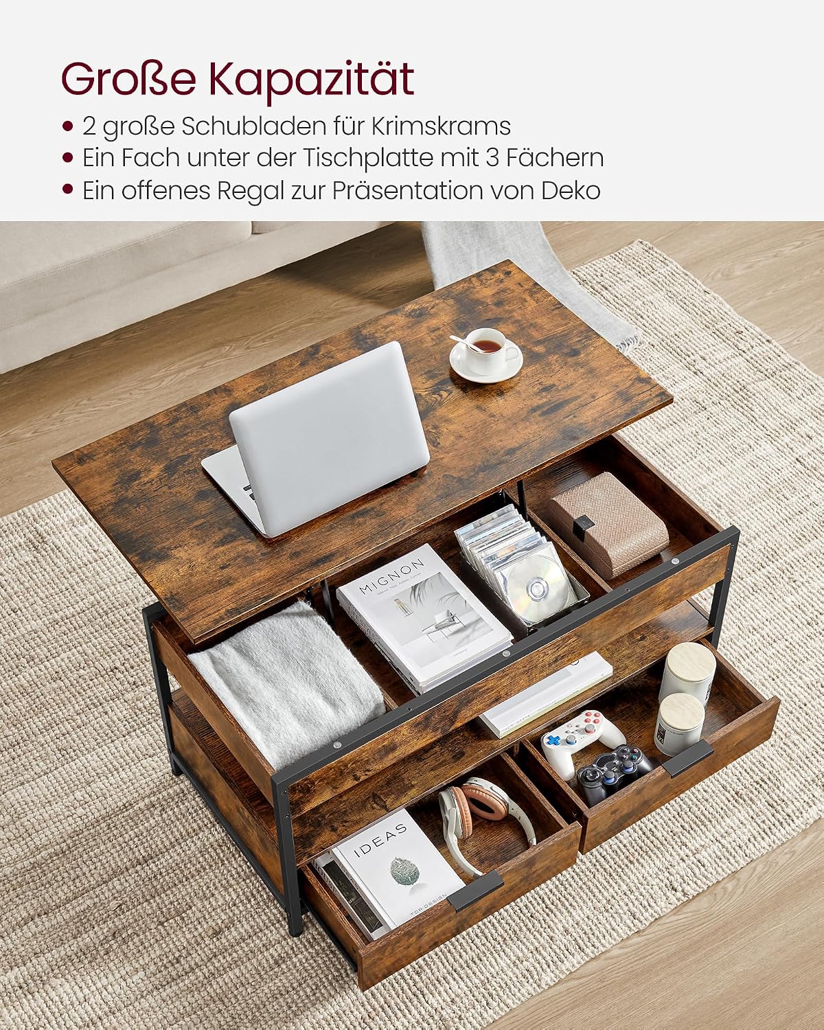 VASAGLE höhenverstellbarer Couchtisch mit Metallgestell im Industrial-Stil
