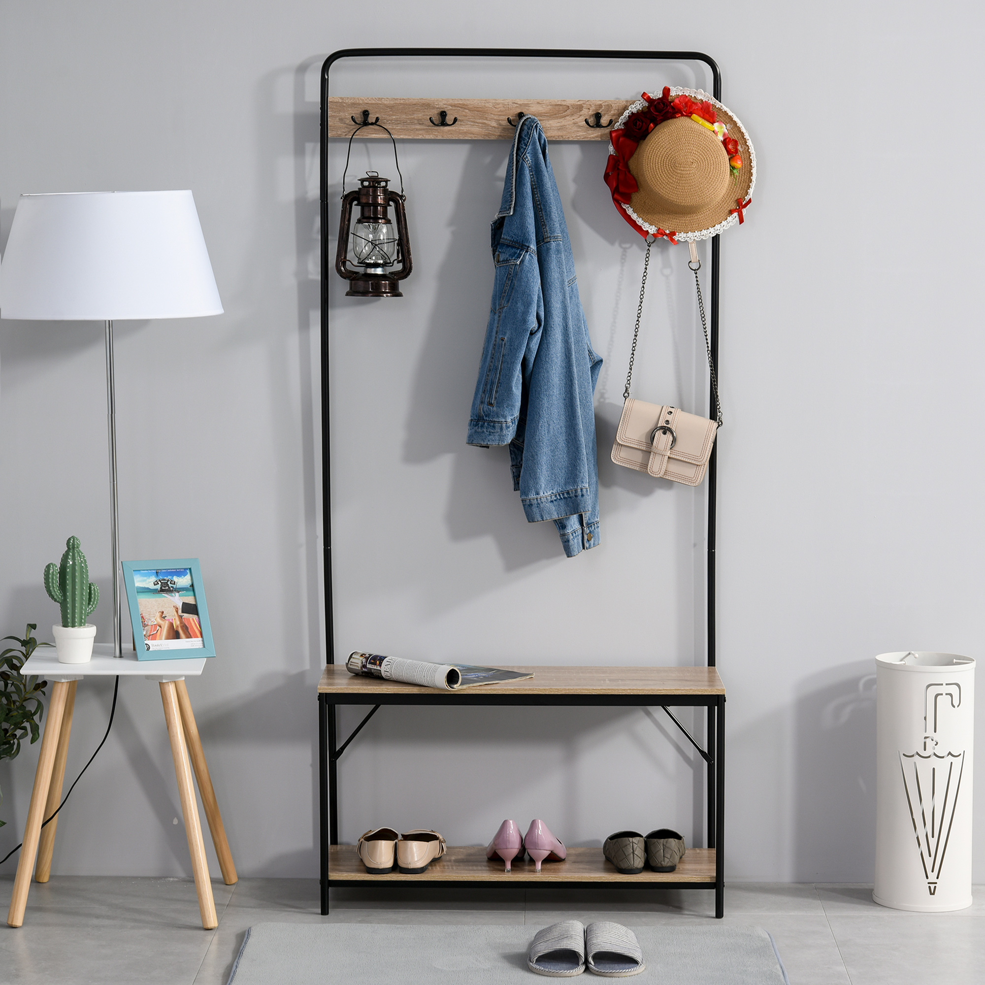 HOMCOM Garderobe mit Schuhablage Flurgarderobe im Industriestil 80B x 30T x 170H cm Eichenholzimitat Metall Schwarz