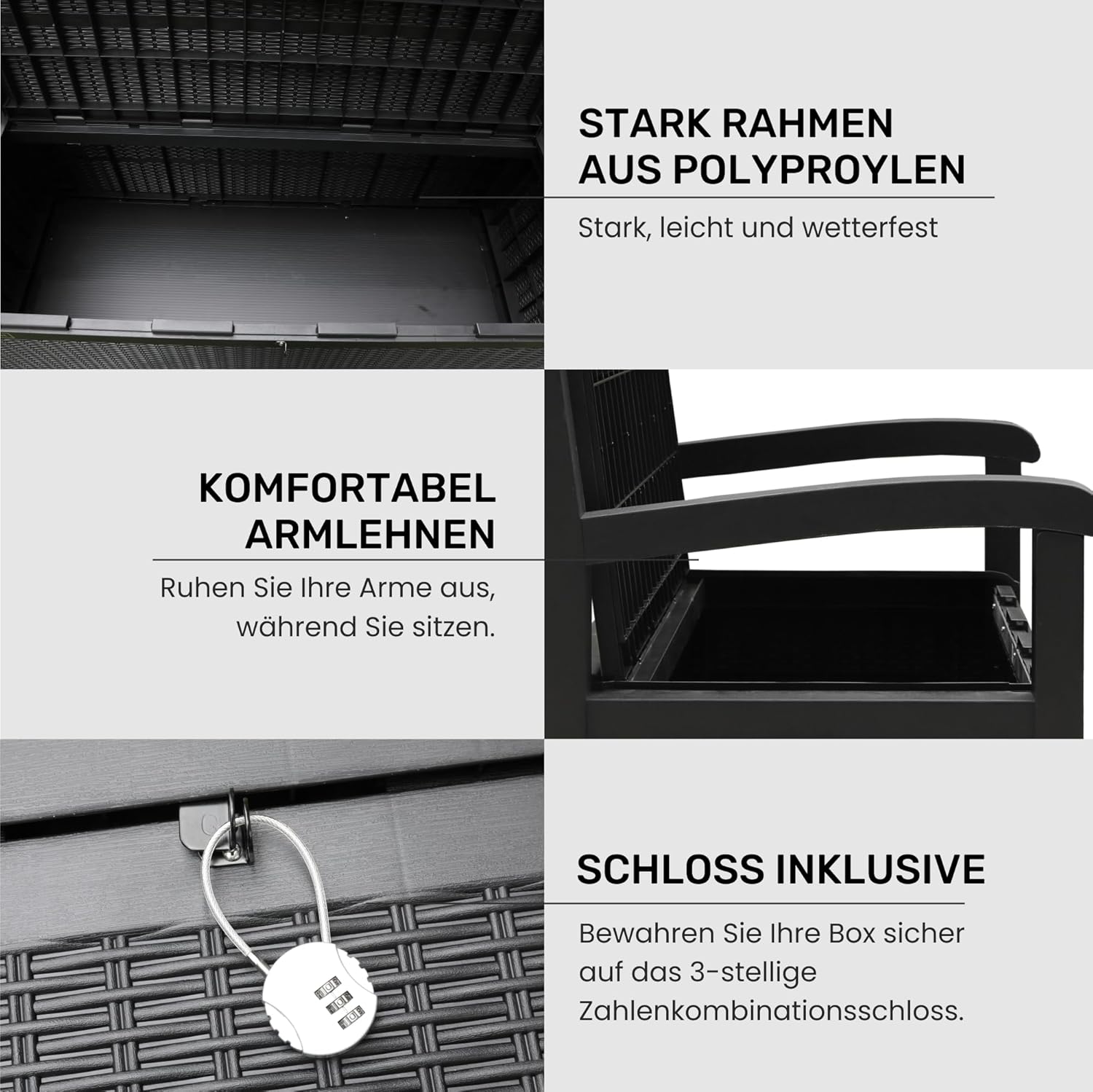 Olsen & Smith 265 Liter Gartenbank Wetterfest mit Stauraum Truhenbank Verschließbare Aufbewahrungsbox Auflagenbox Kunststoff Wetterbeständig Wasserdicht für Werkzeuge Spielzeug Decken und Mehr Schwarz