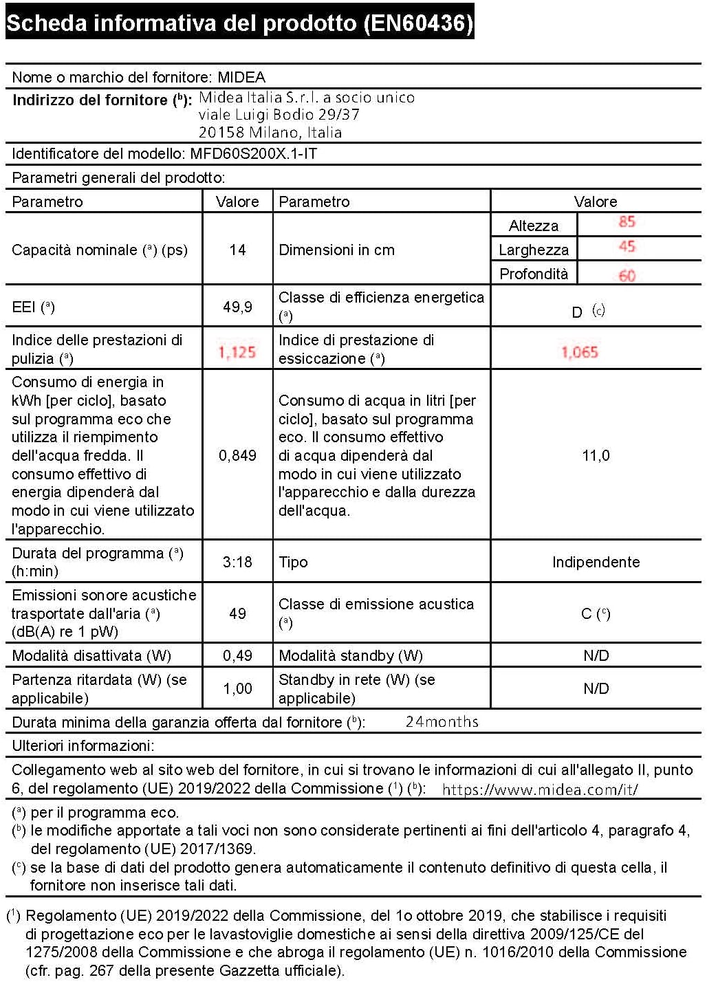Midea MFD60S200X.1-IT Dishwasher Freestanding with 14 Places, 8 Programs, LED Display, Delay Start, Half Load Function, Extra Drying - Stainless Steel