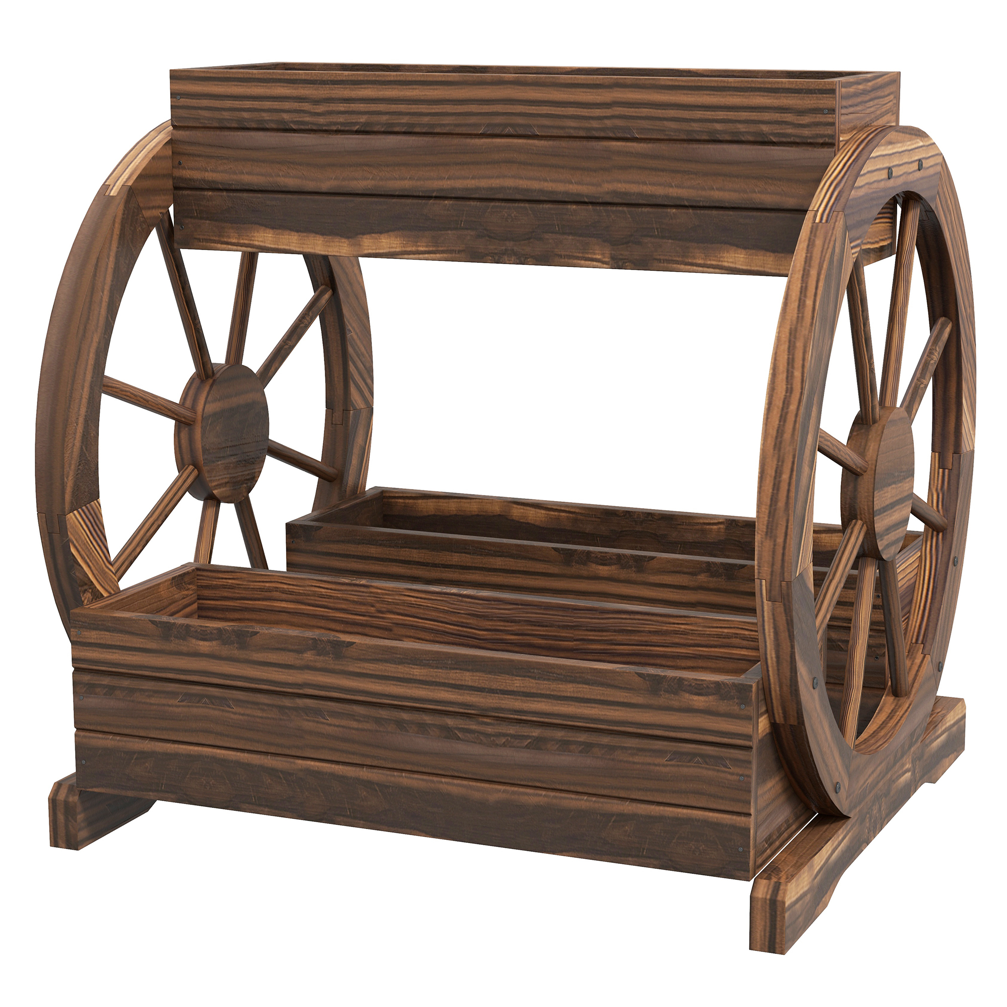 Outsunny Gartenpflanzwanne aus Holz im Landhausstil mit 2 Etagen und 3 Töpfen und Wagenrädern, 64x54x60cm