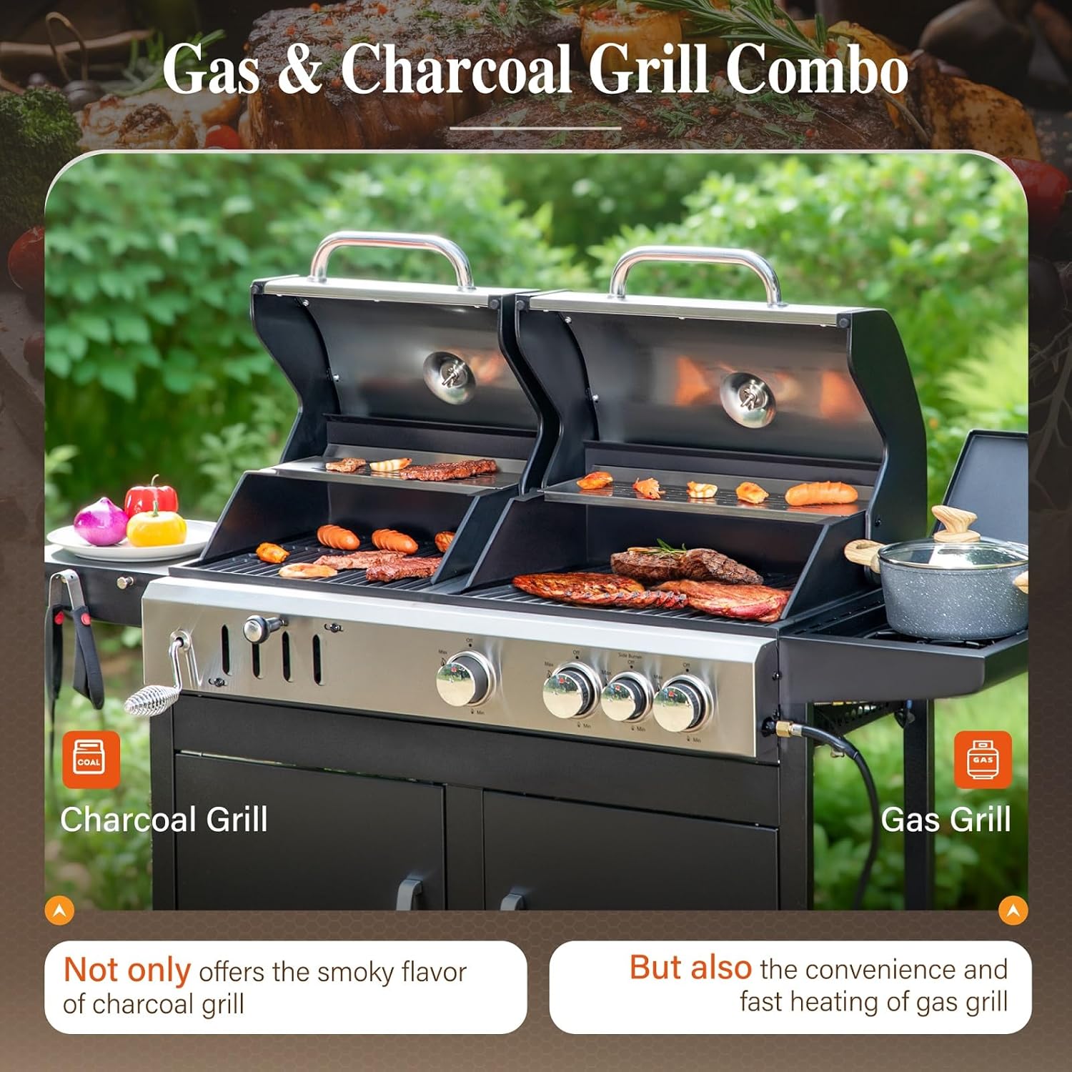 Sophia & William Charcoal and Propane Gas Grill Combo with Side Burner & Porcelain-Enameled Cast Iron Grate  Dual Fuel BBQ Grill for Outdoor  Barbecue Grill  690 SQIN Cooking Area