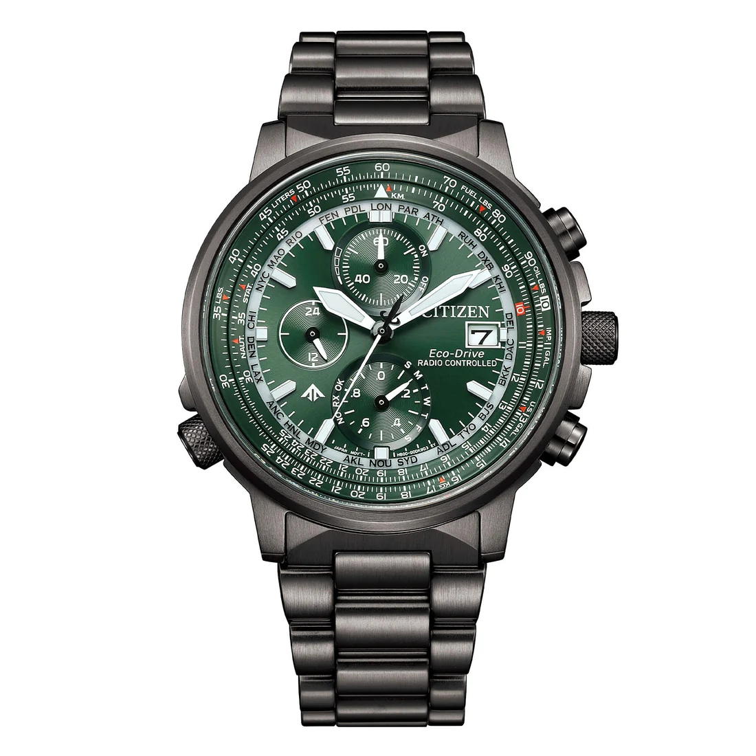 Citizen AT8304-57W Crono Pilot verde Radiocontrollato acciaio IP nero