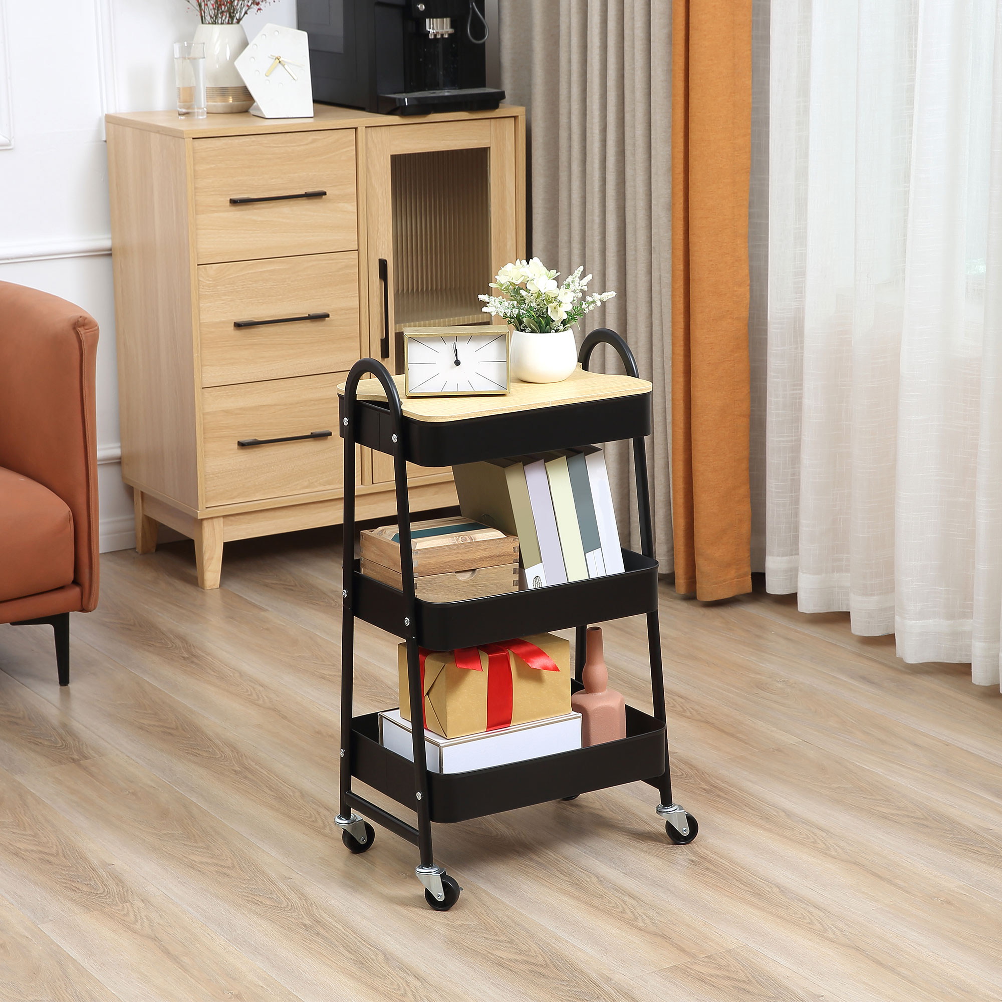 HOMCOM Rollwagen aus Stahl mit 3 Ebenen, MDF-Platte, Griffe Maße 45L x 31B x 79,4H cm