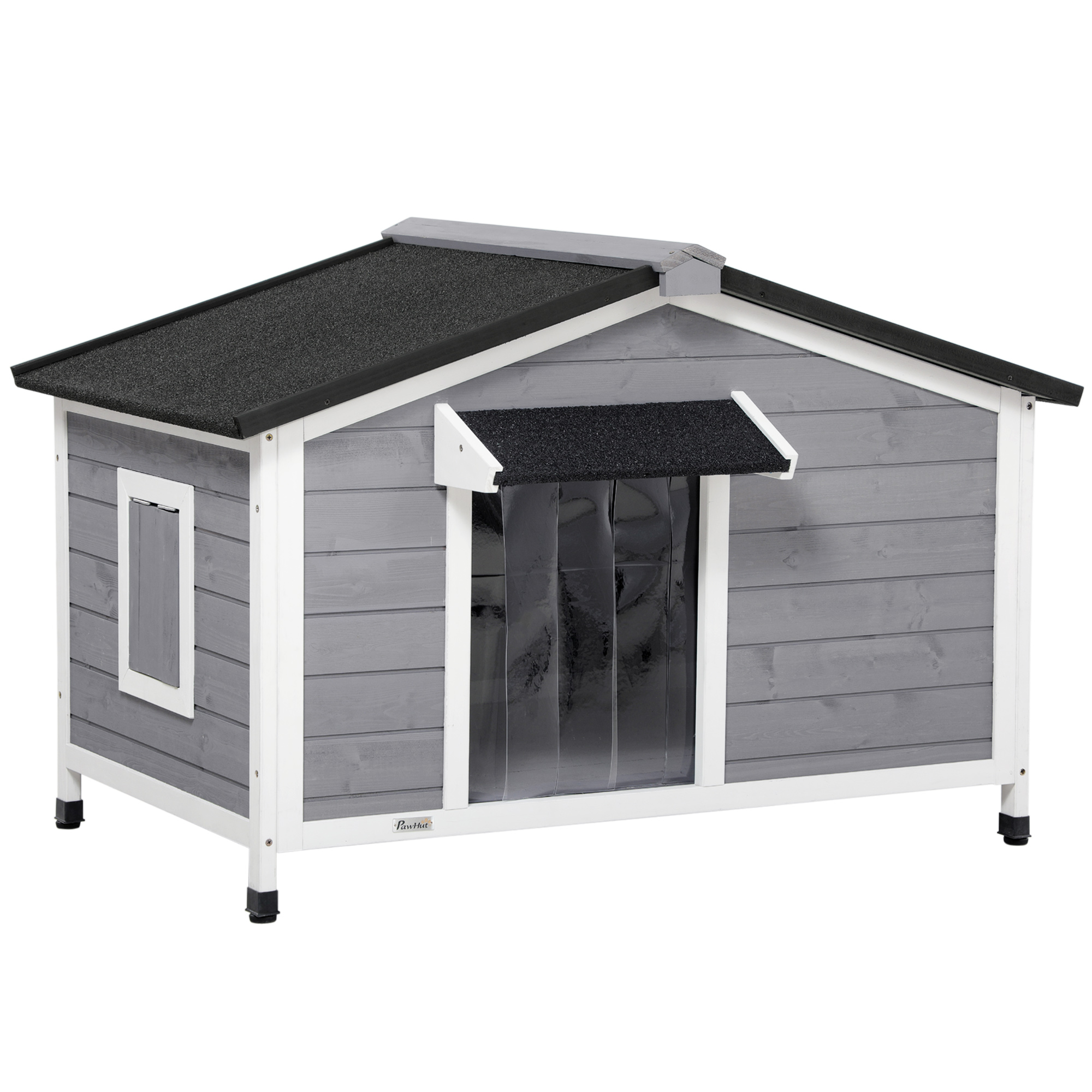 PawHut Hundehütte aus Massivholz, wetterbeständig, Asphaltdach, abnehmbarer Boden, 109 cm x 79 cm x 72 cm, Grau + Weiß