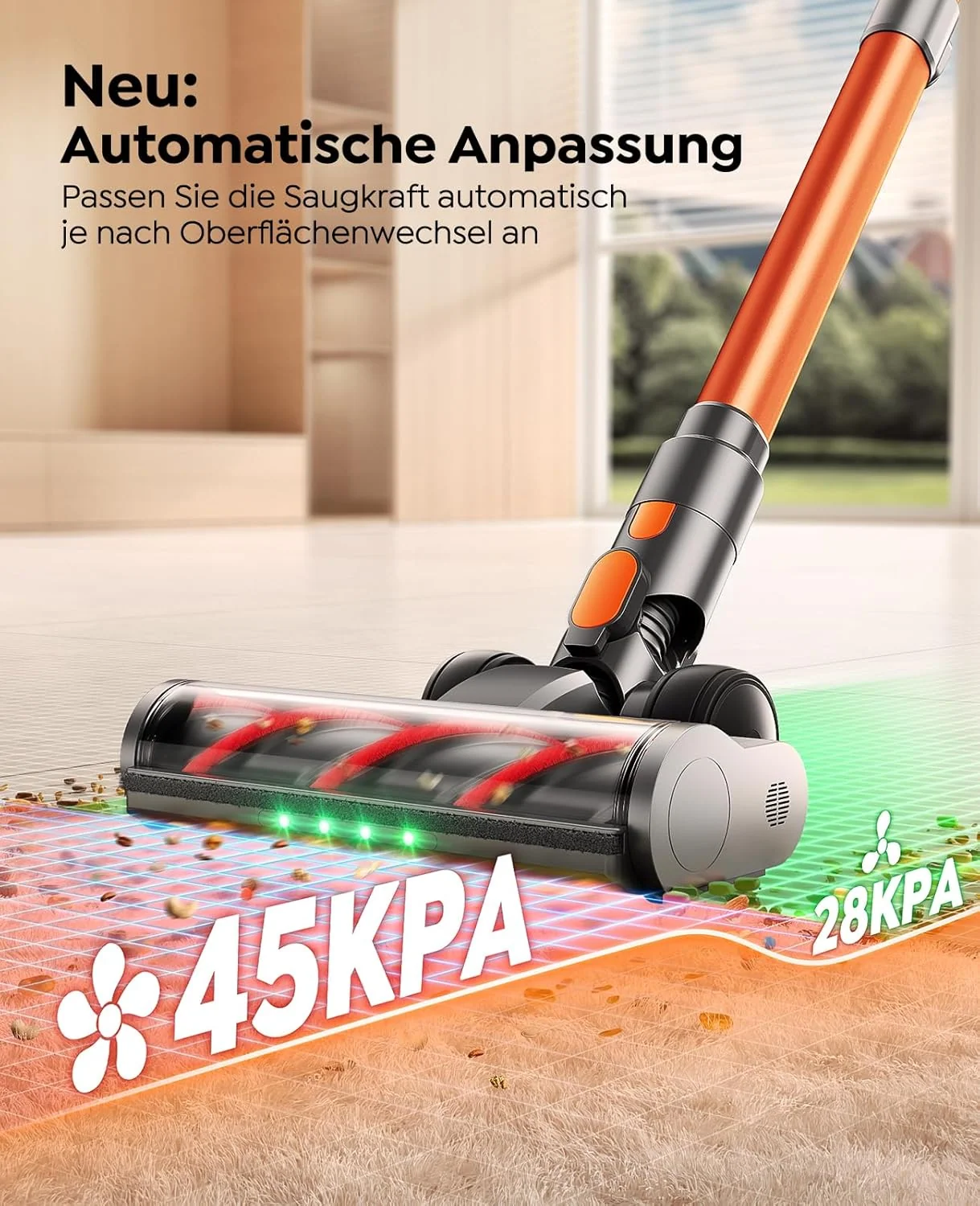 Fieety Akku Staubsauger, 45KPa/550W/60Min Staubsauger Kabellos mit Wandmontierte Ladestation, Aromatherapie, Automatikmodus, Touchscreen, 1M Ausziehbarer Schlauch für Hartböden Teppiche Tierhaare Auto