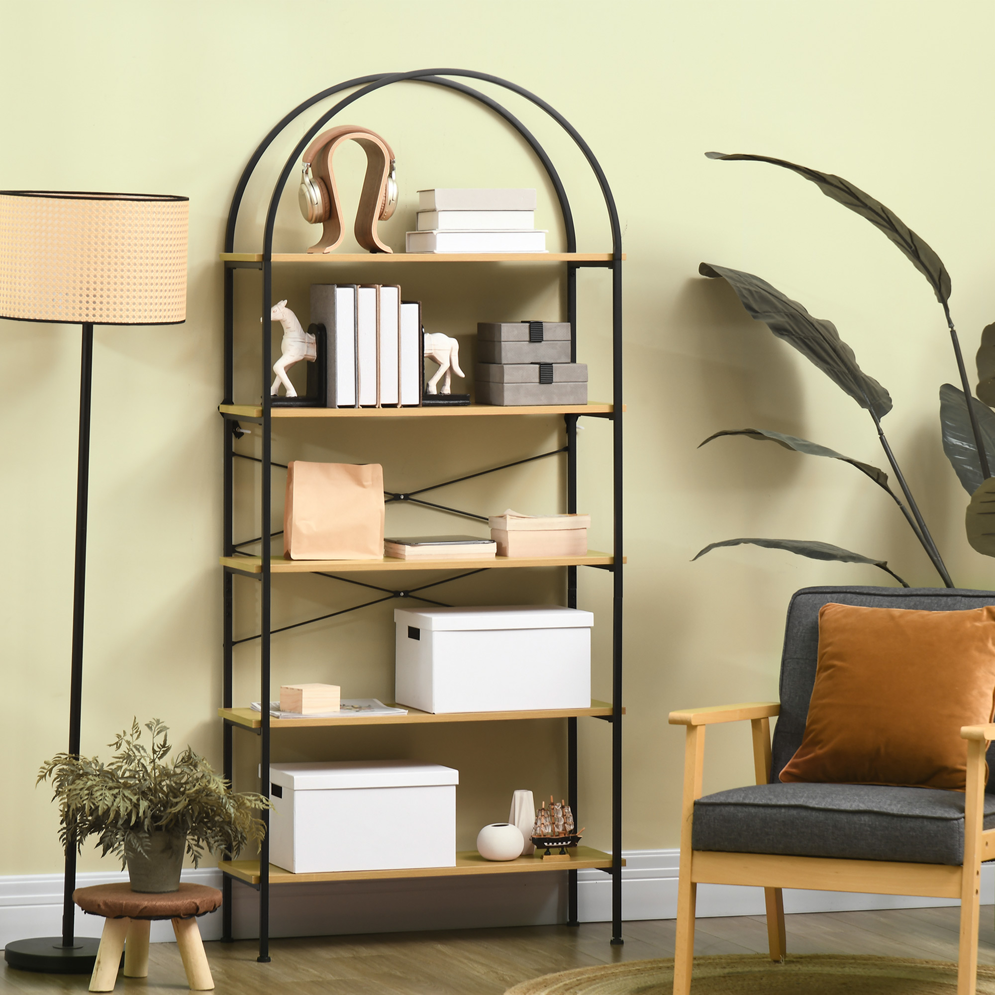 HOMCOM Bücherregal mit 5 Ebenen Lagerung im Industriestil 80 x 28 x 179 cm Natur Schwarz