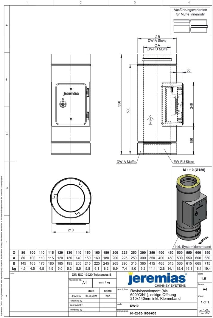 Jeremias DW-FU Revisionselement Ø 200 mm Edelstahl Abgassystem 600°C N1 doppelwandig geeignet für Öl Gas Festbrennstoffe