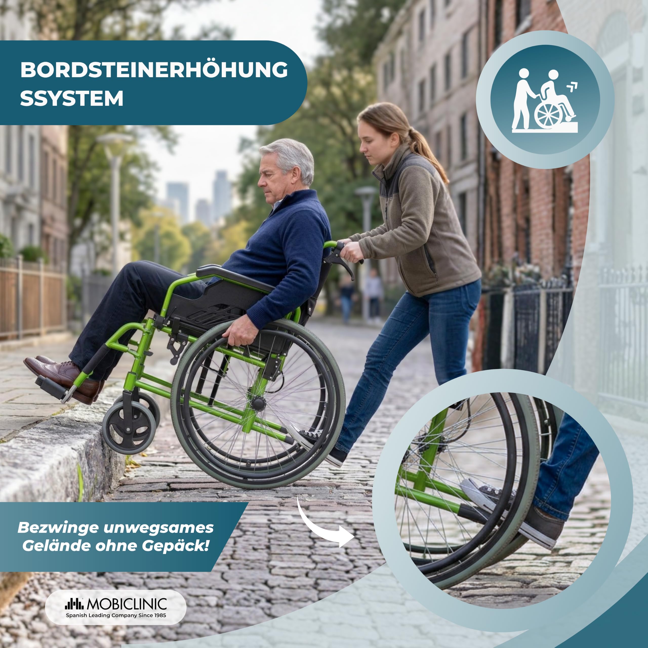 Faltbarer Rollstuhl aus Aluminium, selbstfahrend, mit klappbarer Rückenlehne und Armlehnen, abnehmbaren Fußstützen und doppeltem Bremssystem, bis 110