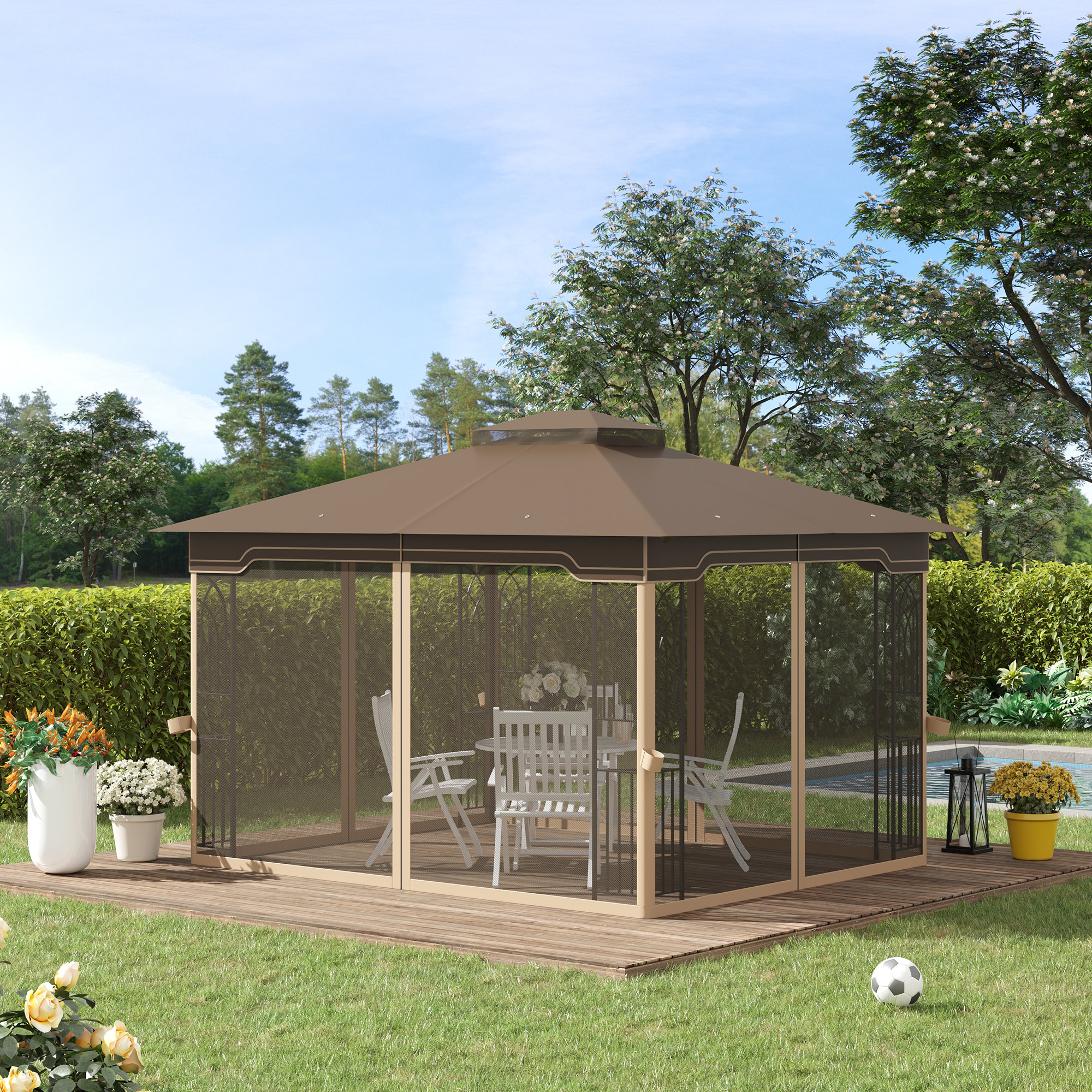 Outsunny Pavillon Gartenpavillon 3,65 x 3 m Gartenzelt Festzelt Partyzelt mit 4 x Moskitonetz atmungsaktivem Doppeldach Metall Polyester Braun+Beige