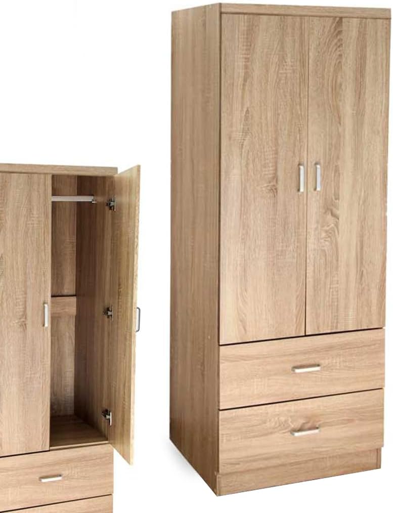 Armadio 2 Ante e 2 Cassetti - Struttura in Legno Truciolare, Guardaroba, Moderno, Asta Appendiabiti, con Maniglie, Spazioso, Organizzatore Vestiti - 80 x 52 x 190 cm (Rovere Naturale)