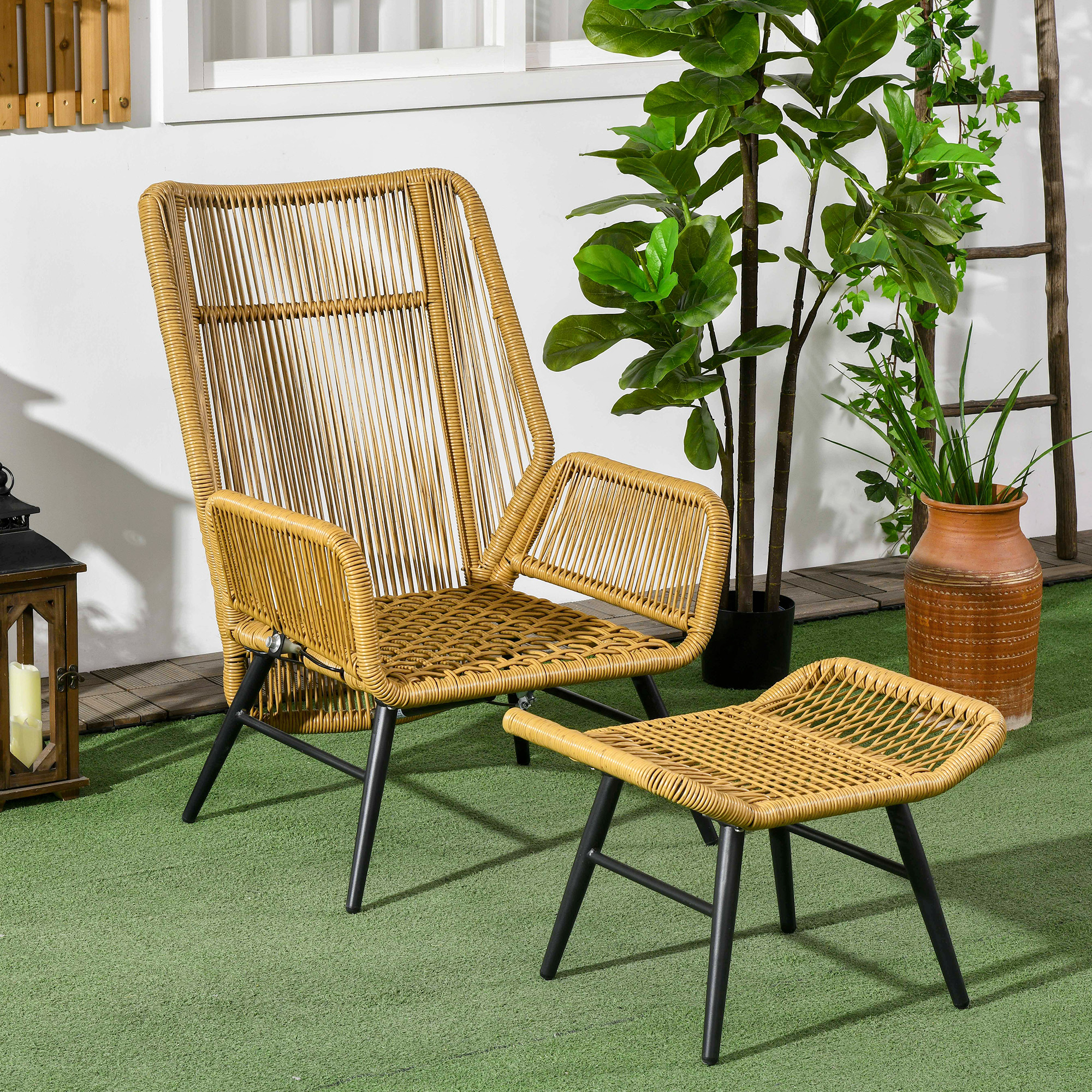 Outsunny Polyrattan Tuinstoel en Voetenbank, verstelbare leuning, Lichtbruin/Grijs/Zwart