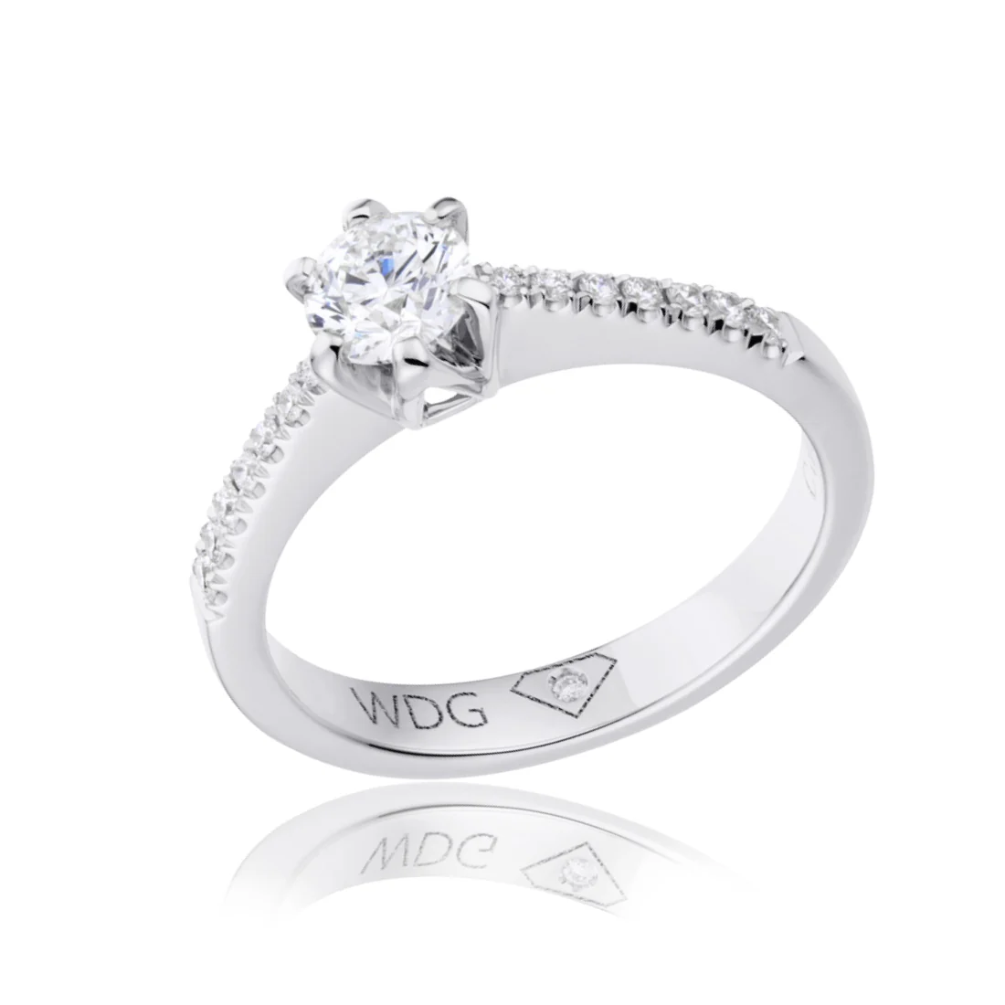 Solitario Mikiko a sei griffe con brillanti sul gambo centrale ct 0,70