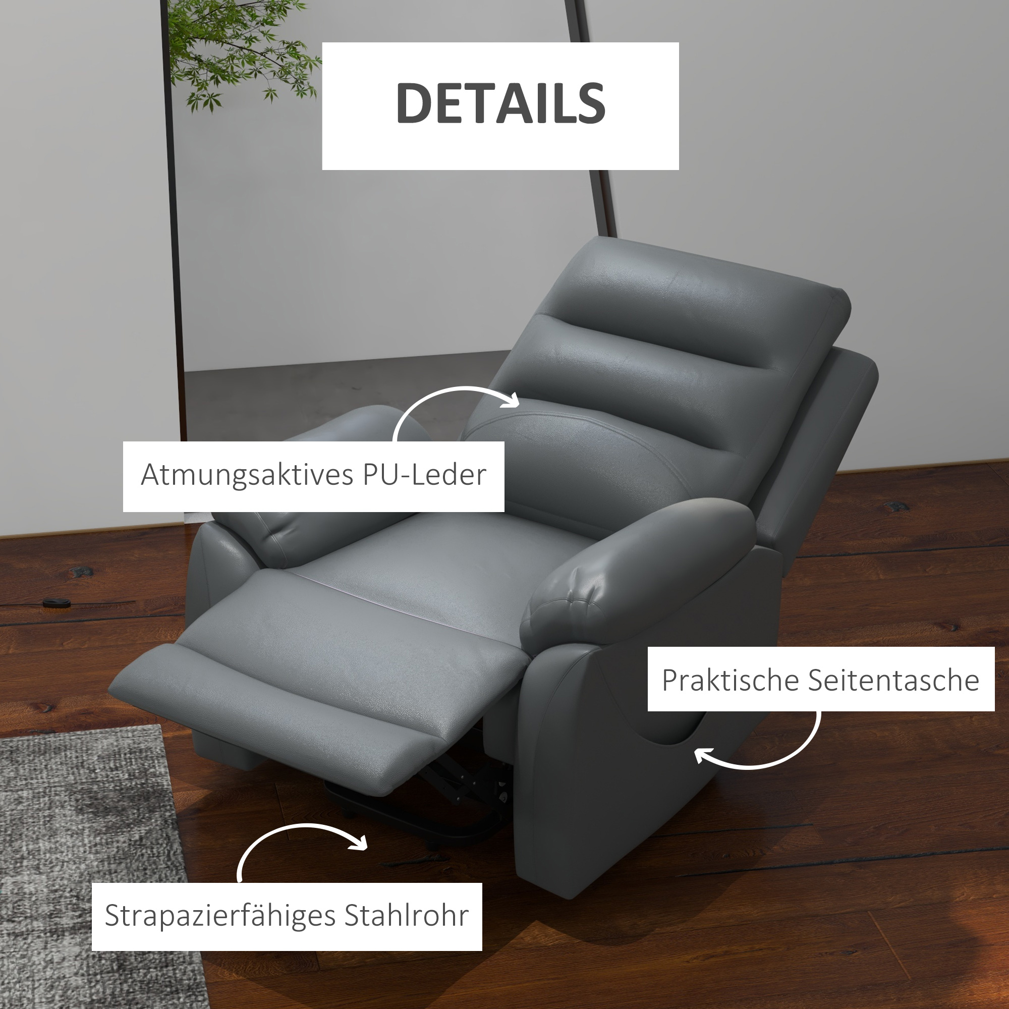Relaxstoel met Opstahulp, Massagefunctie, Tot 180 kg, Kunstleer, Grijs