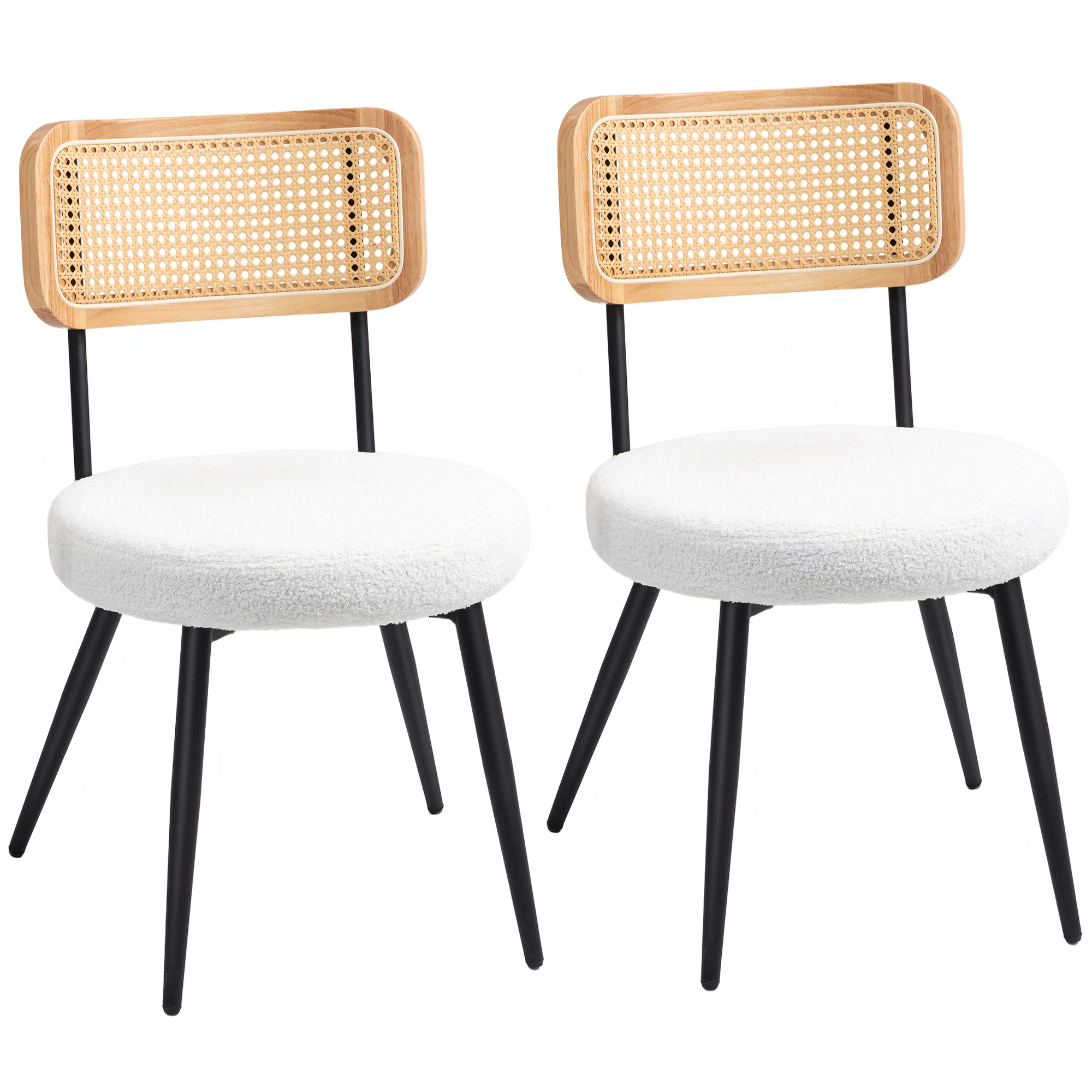 HOMCOM Set mit 2 boho Esszimmerstühlen mit Rattan-Rückenlehne für Wohnzimmer, Esszimmer, Schlafzimmer, Weiß