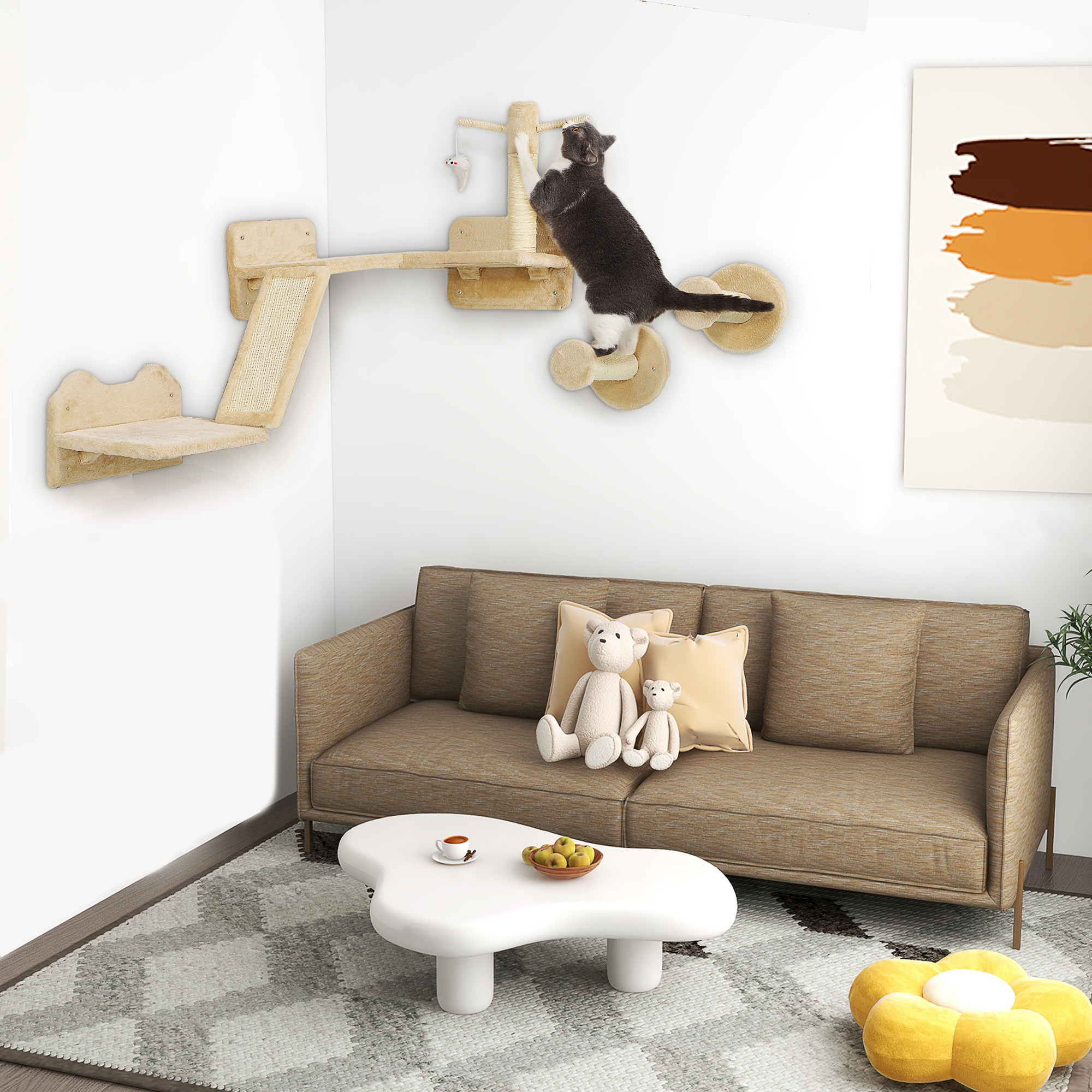 PawHut Katzen Kletterwand Set mit Kratzpfosten, Sprungplattformen und Spielbällen, zum Klettern und Ausruhen, Beige