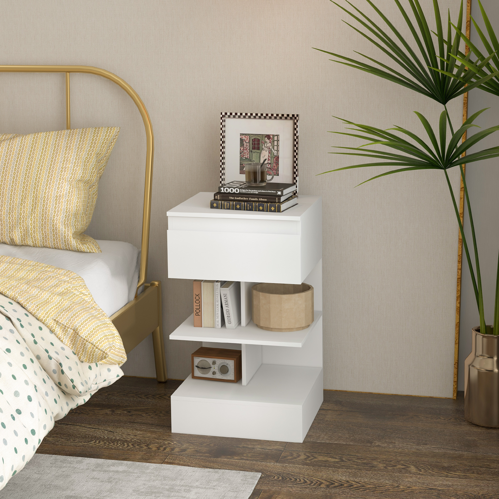 HOMCOM Nachttisch Modern aus Spanplatte und MDF mit einer Schublade und 2 Regalen, 39x39x65 cm, Weiß