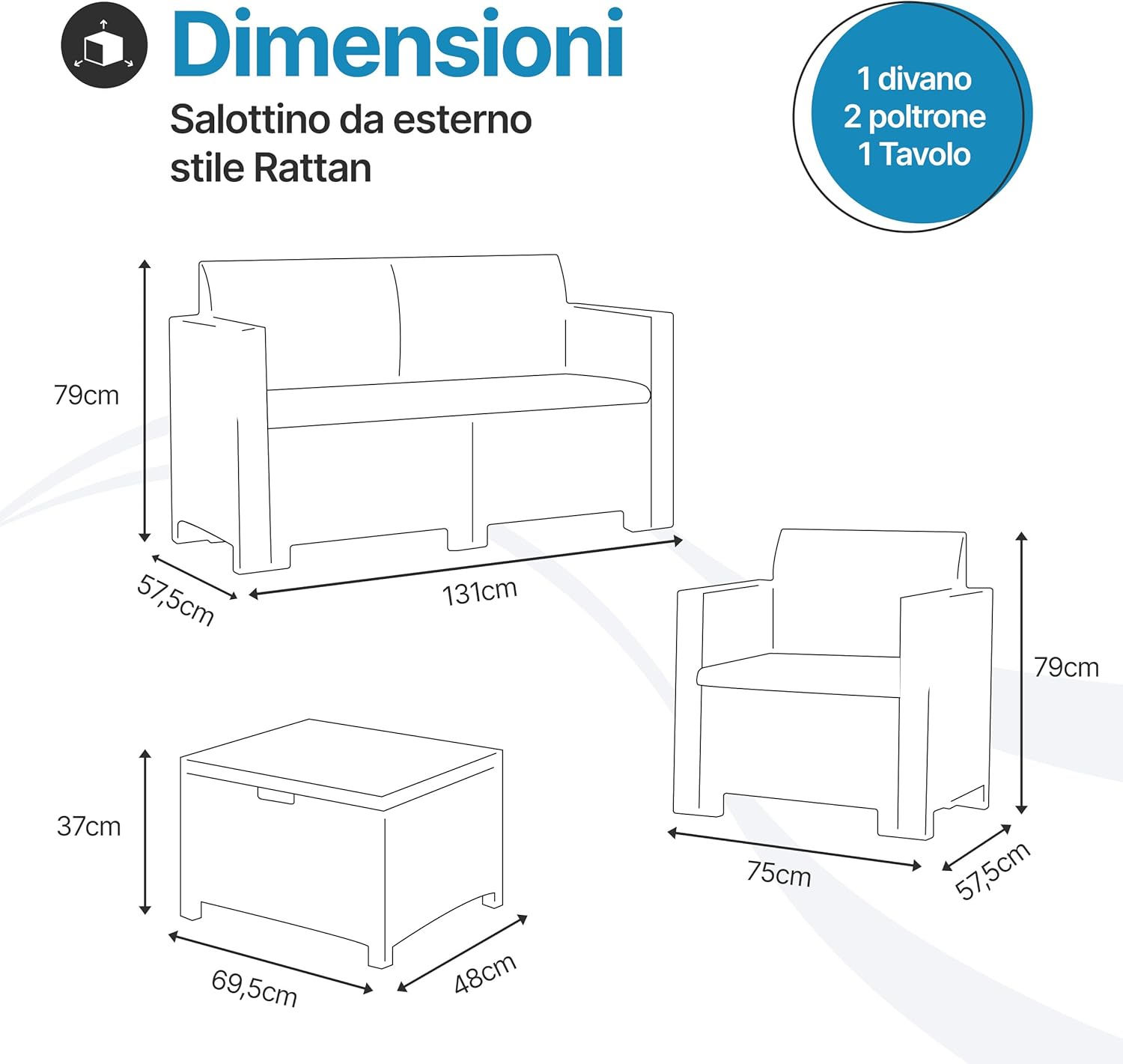 Tomaino - Outdoor Garden Lounge Rattan Style - Outdoor Living Room Set in Polypropylene Waterproof and Water Repellent - Garden Living Room Anthracite