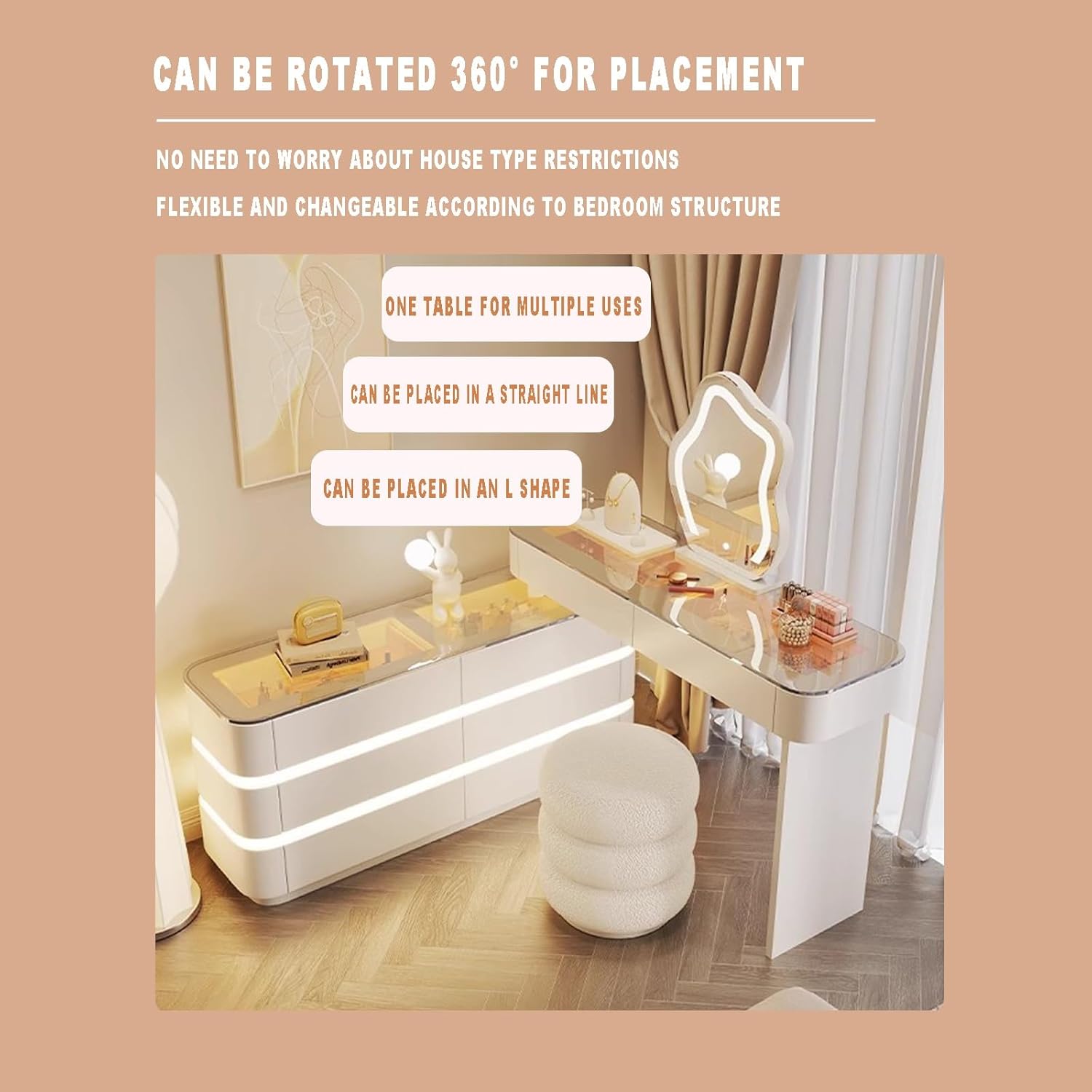 Makeup Table with Lights and Adjustable LED Sockets, Makeup Table with 8 Drawers, for Bedroom