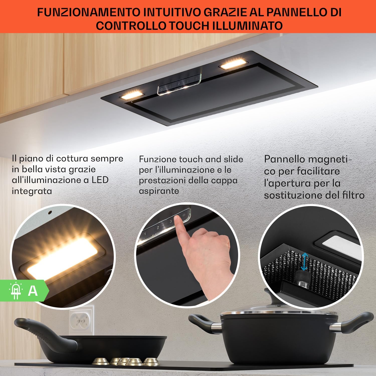 Klarstein Cappa Aspirante 52cm, Cappa Cucina con Filtro Cappa Cucina in Alluminio Lavabile in Lavastoviglie, Cappa Incasso con Flusso d'Aria 396 m³/h, Luci LED, Cappa Sottopensile con TouchControl