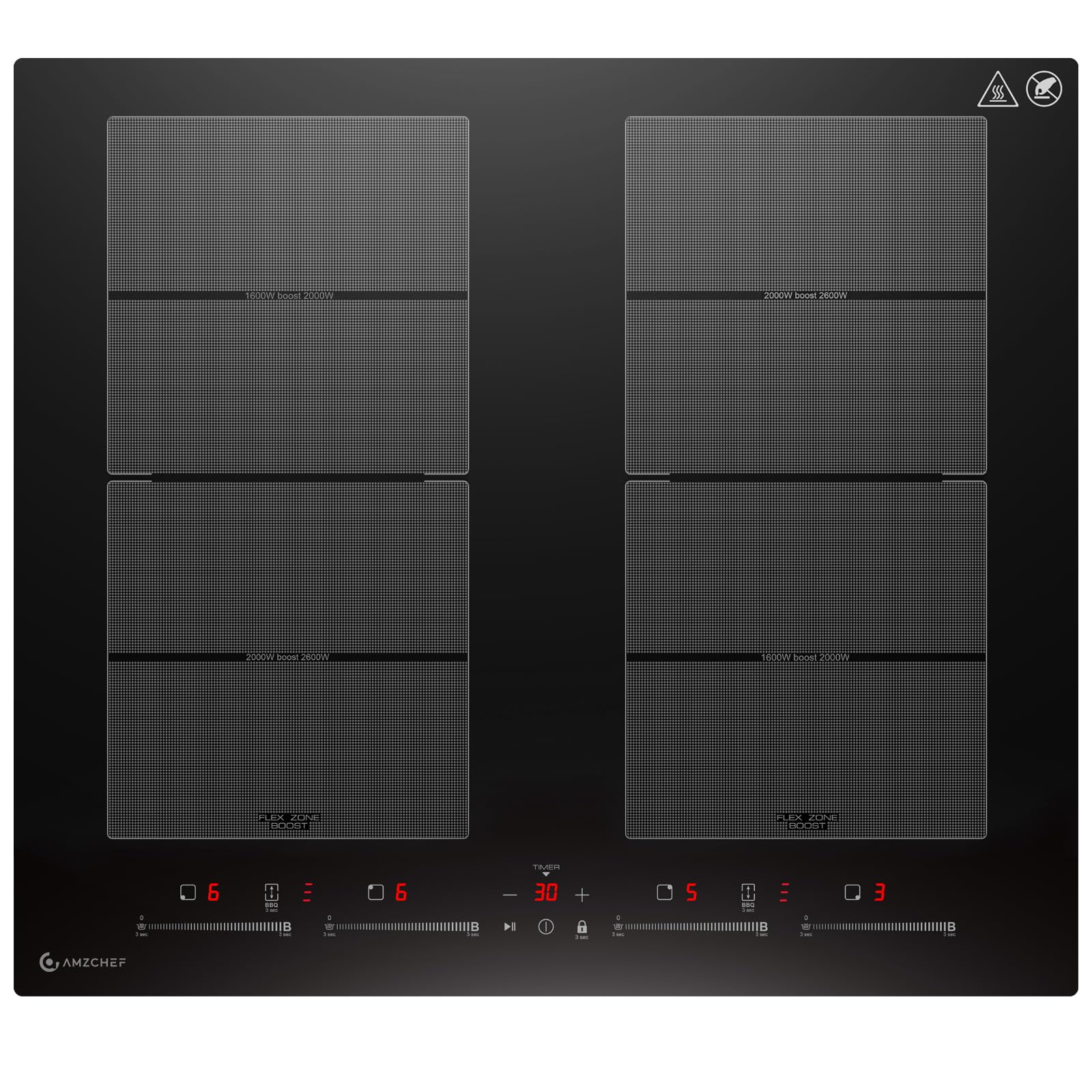 Induktionskochfeld 60 cm mit 2 Flexzonen und Booster, 4 Kochfelder, Glaskeramik, schwarz