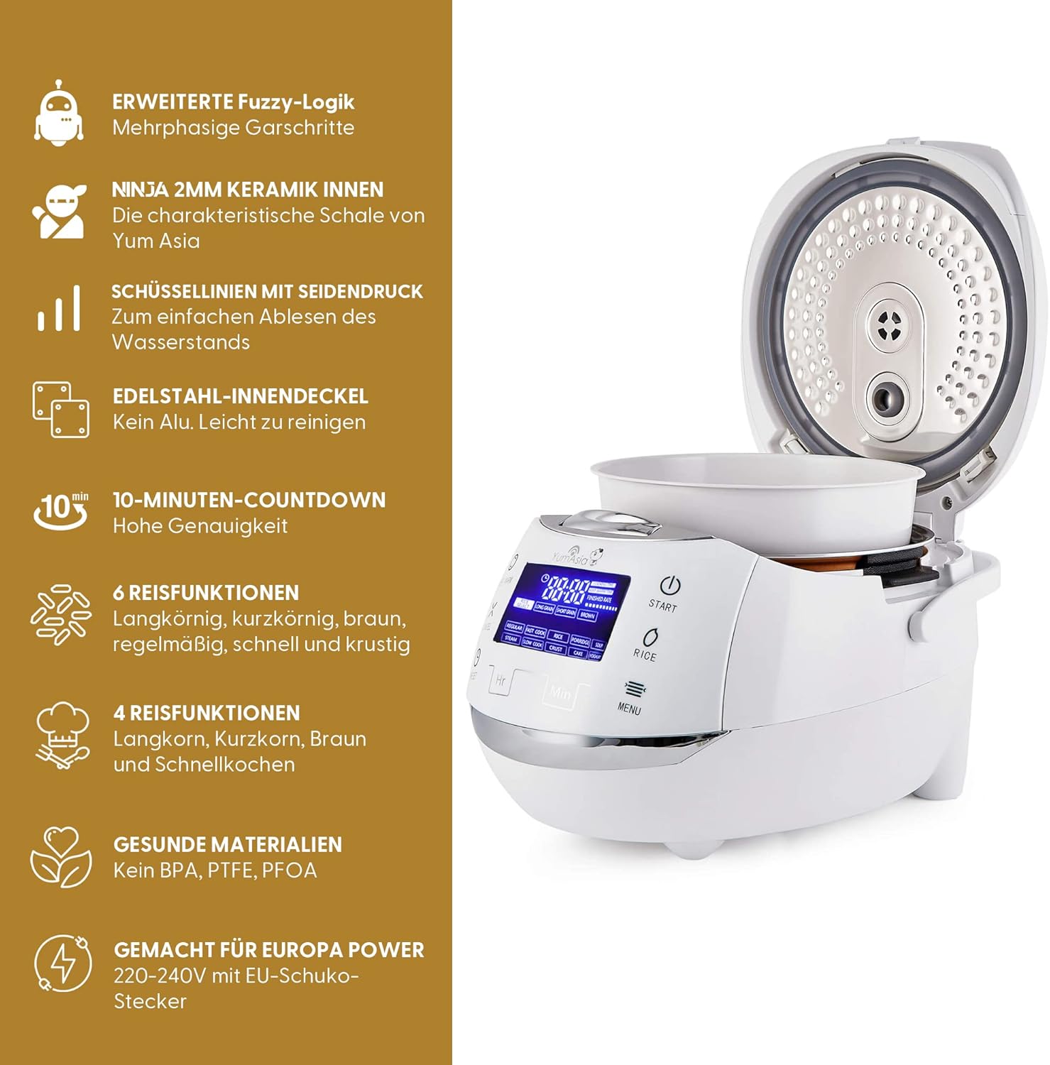Yum Asia Sakura Reiskocher mit Keramikschale und Advanced Fuzzy Logic (8 Tassen, 1,5 Liter), 6 Reiskochfunktionen, 6 Multikocherfunktionen, Motouch LED-Display, 220-240V EU (schwarz und silber)