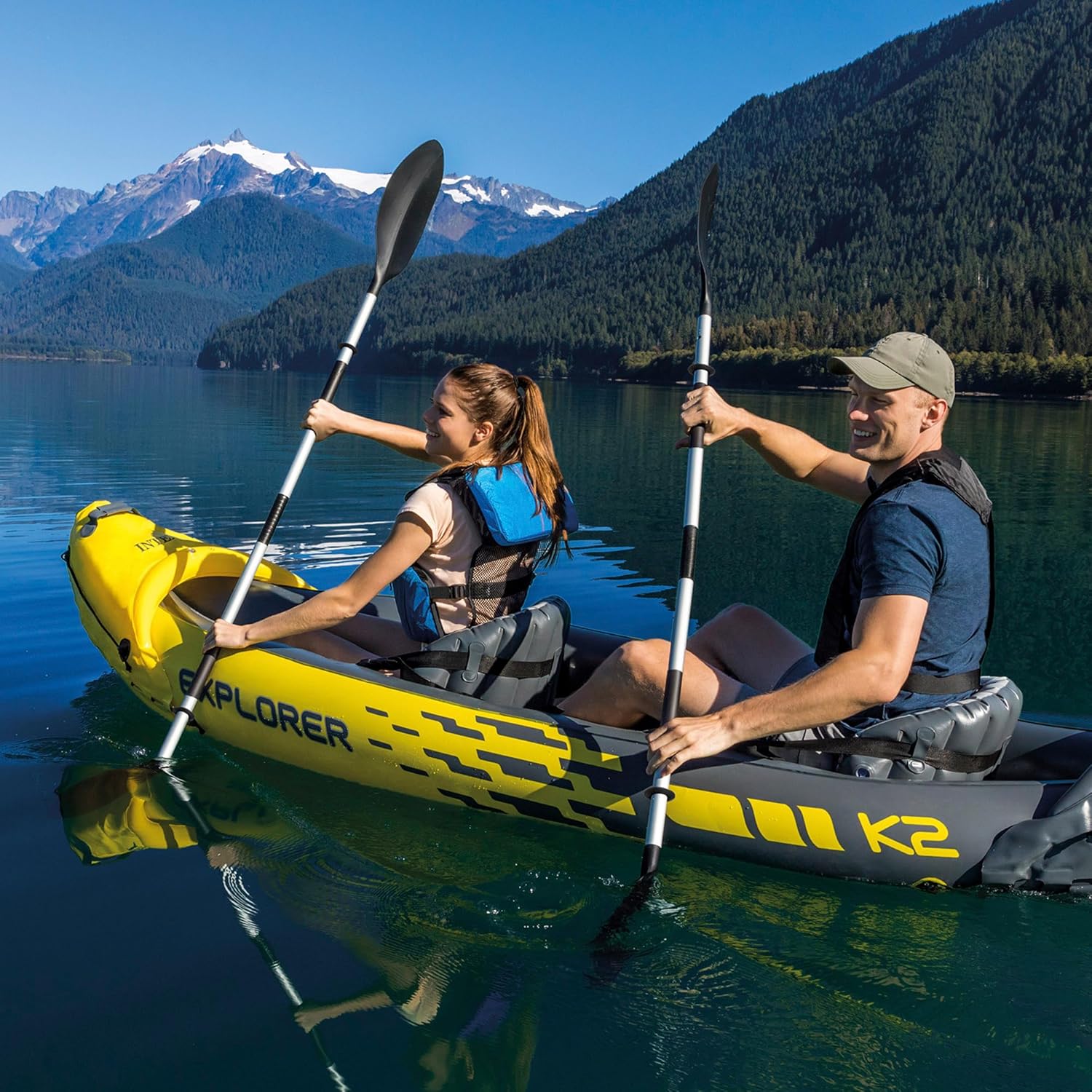 Intex Explorer K2 Kayak, 2-Person Inflatable Kayak Set with Aluminum Oars and High Output Air Pump