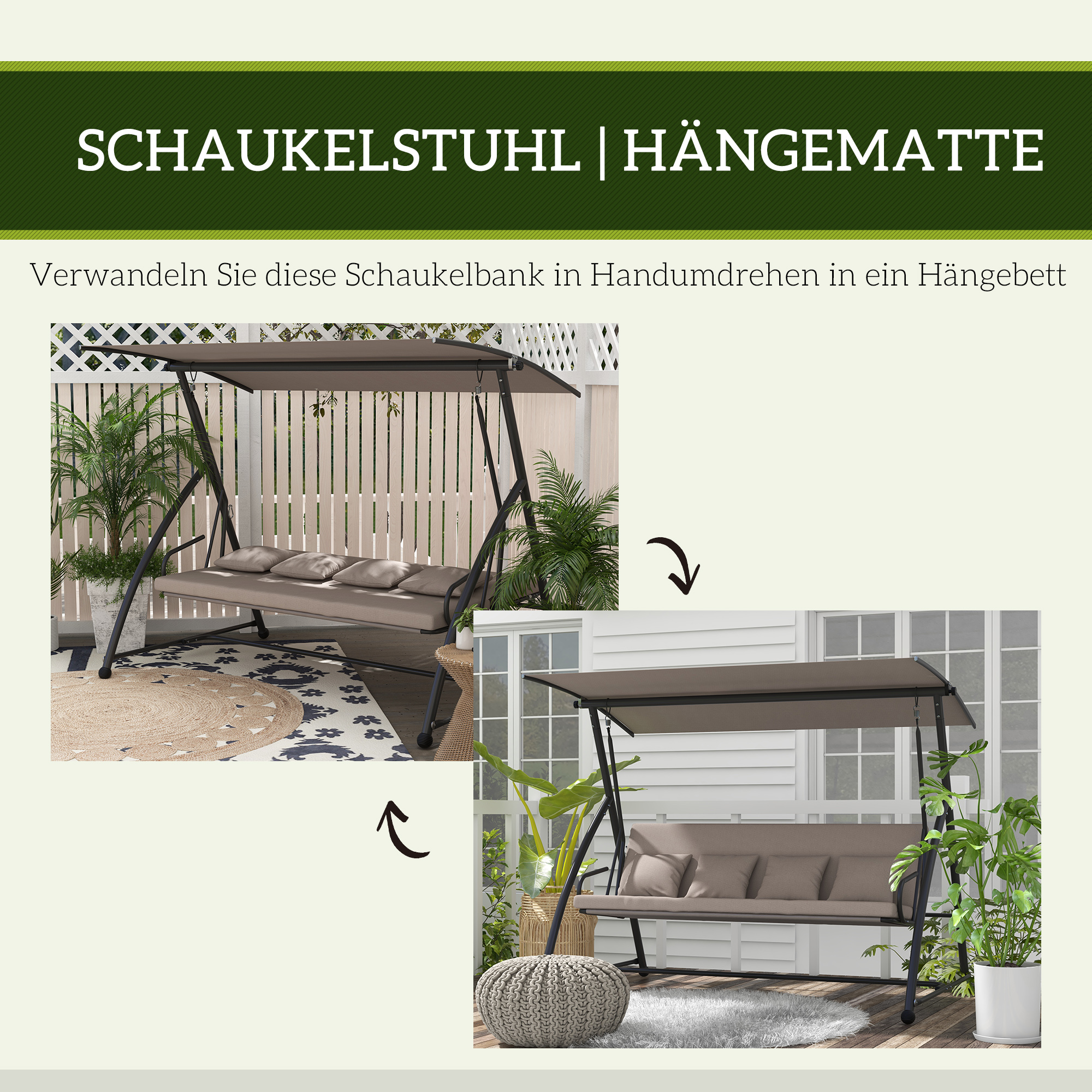 2-in-1 Hollywood schommel met Ligfunctie, 3-zits Tuinschommel van Staal 170x110x153cm, Lichtbruin