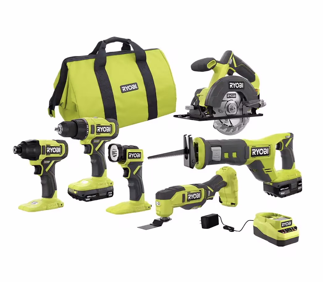 RYOBI ONE+ 18V Cordless 6-Tool Combo Kit with 1.5 Ah Battery, 4.0 Ah Battery, and Charger