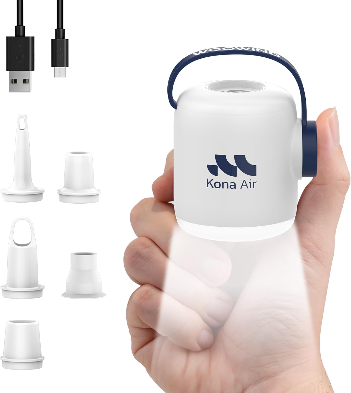 Woowind Kona Air Pompa Elettrica Per Materasso Gonfiabile, mini pompa ad aria per gonfiabili, portata 200 L/min, gonfia/sgonfia letti, galleggianti, tende, con luce LED di 10 ore