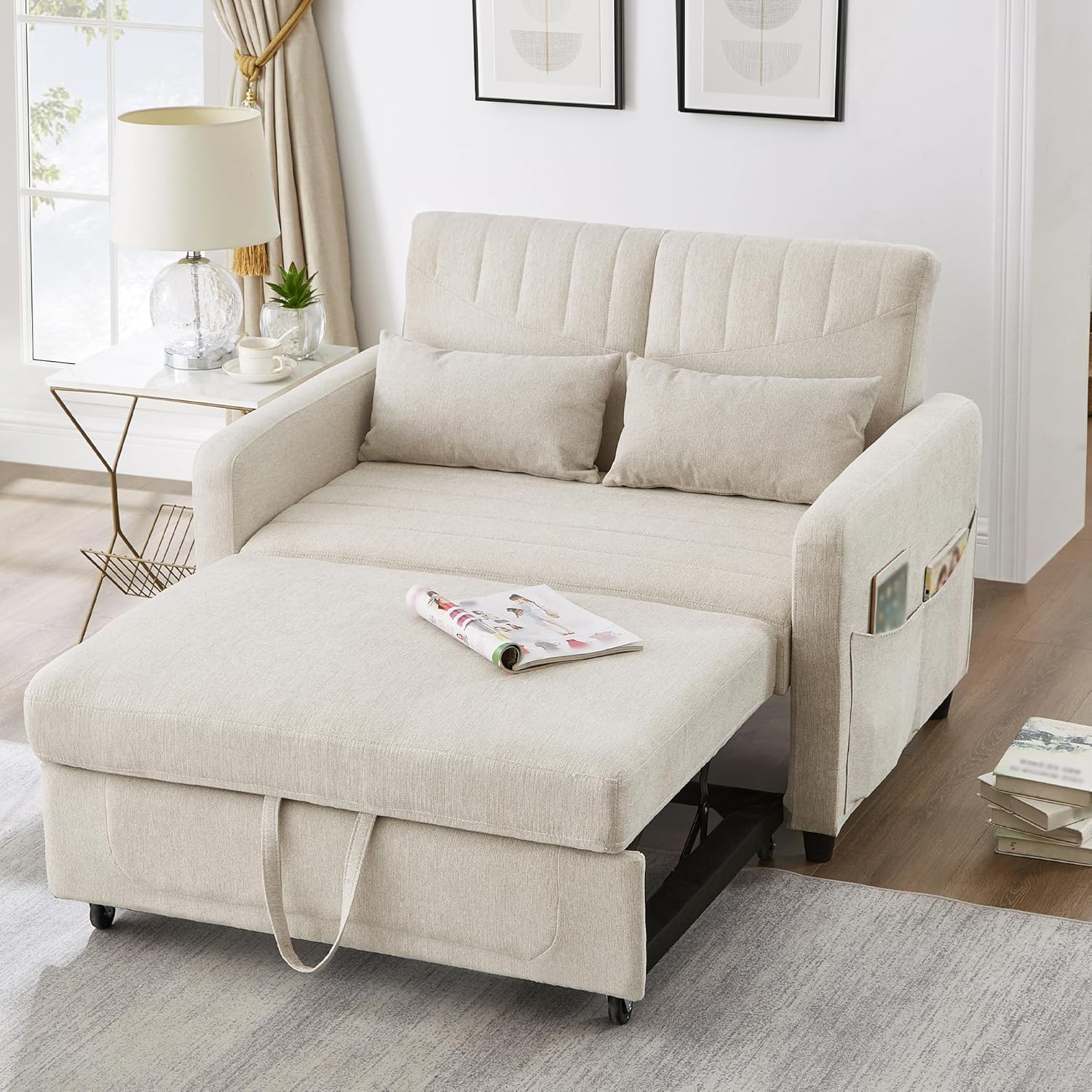 Divano a due posti con funzione letto, divano pieghevole con schienale regolabile, divano letto estraibile, divano letto con contenitore, piccoli divani per piccoli spazi, 114 x 77 cm, beige