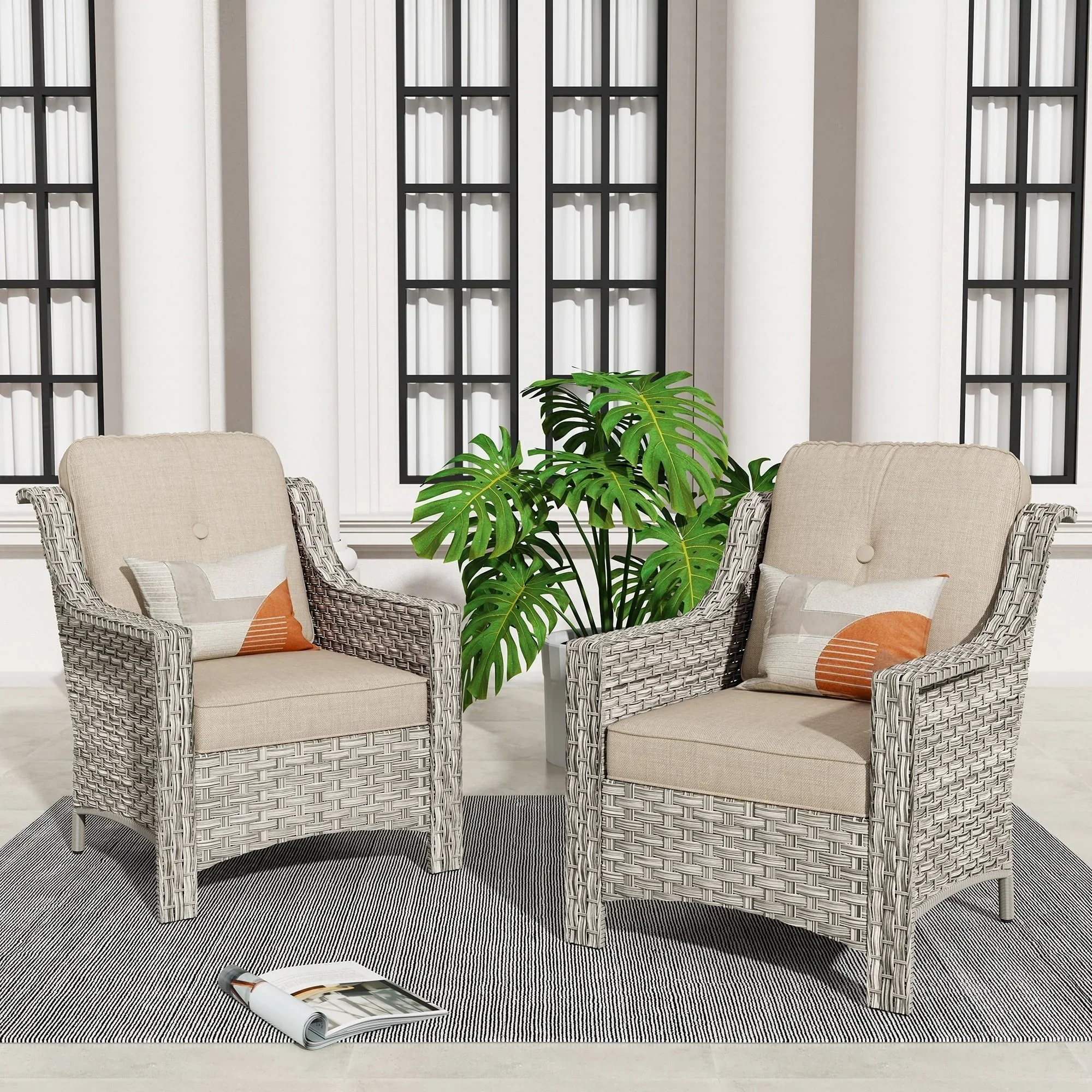 HOOOWOOO 2-piece High Back Wicker Rattan Outdoor Patio Chair Set