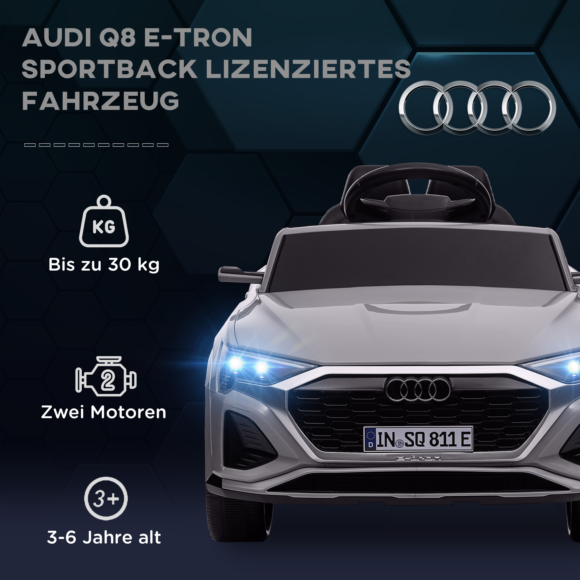 AIYAPLAY Elektrische Kinder Auto, 12V Audi Q8, 3-5 km/u, Afstandsbediening, Koplampen, Muziek, Grijs