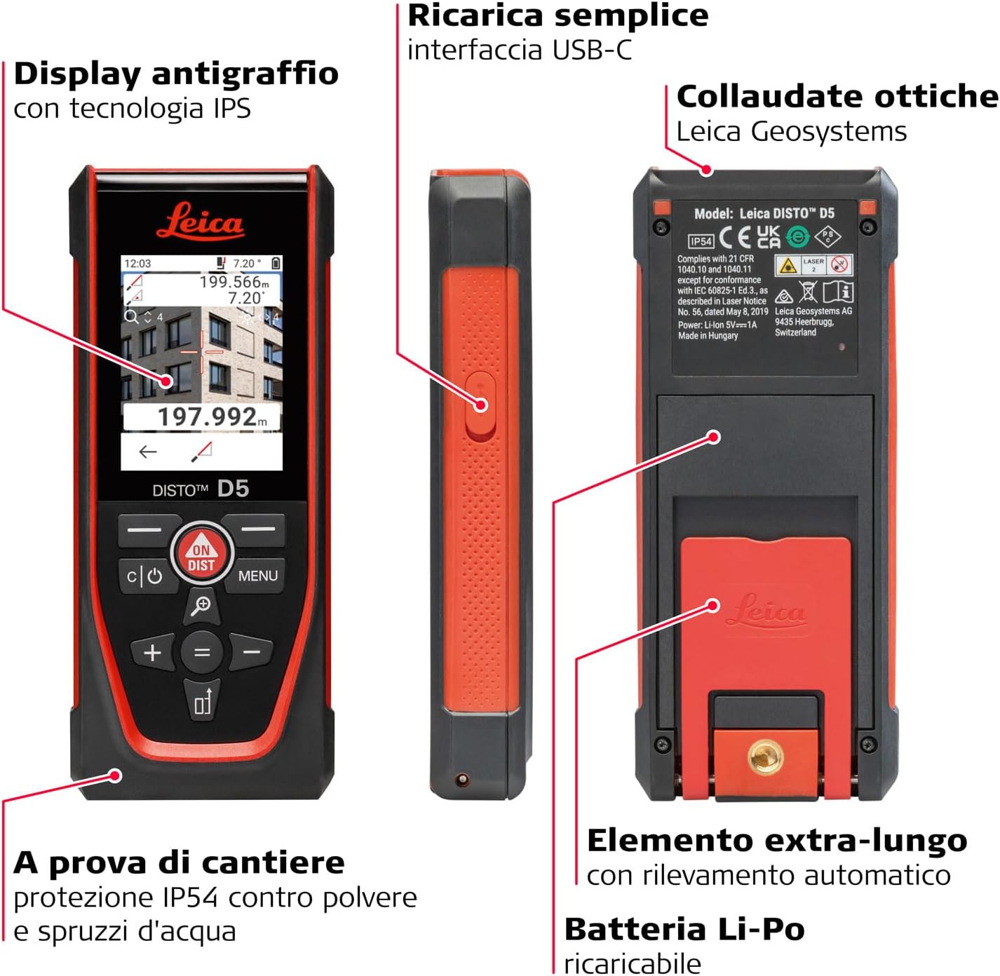 Leica Disto D5, Metro Laser Professionale con Bluetooth, Uso con App, Mirino, Uso Esterno e Interno, e Sensore d'Inclinazione per Tracciamento dell'Altezza, Profilo e Misurazione dell'Angolo