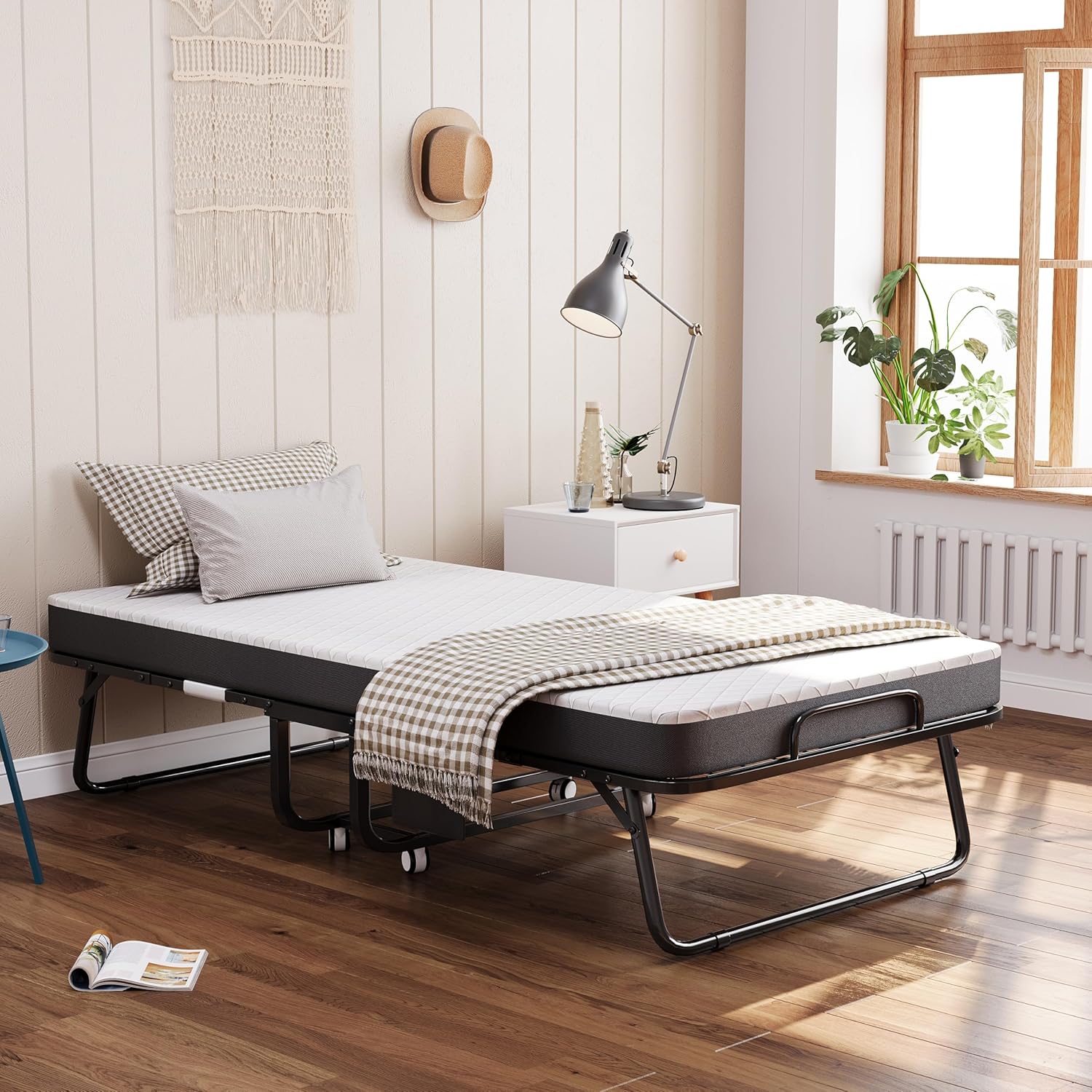 Cama plegable para adultos, 80 x 190 cm, cama plegable para adultos, con colchón de espuma de 13 cm, cama supletoria plegable con 4 ruedas y somier de láminas de metal para invitados, carga 200 kg